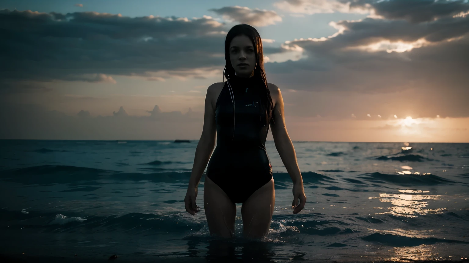 a pretty scary girl in the sea preparing to swim,looking to the camera ,full body view ,scary ,horror style,ghost