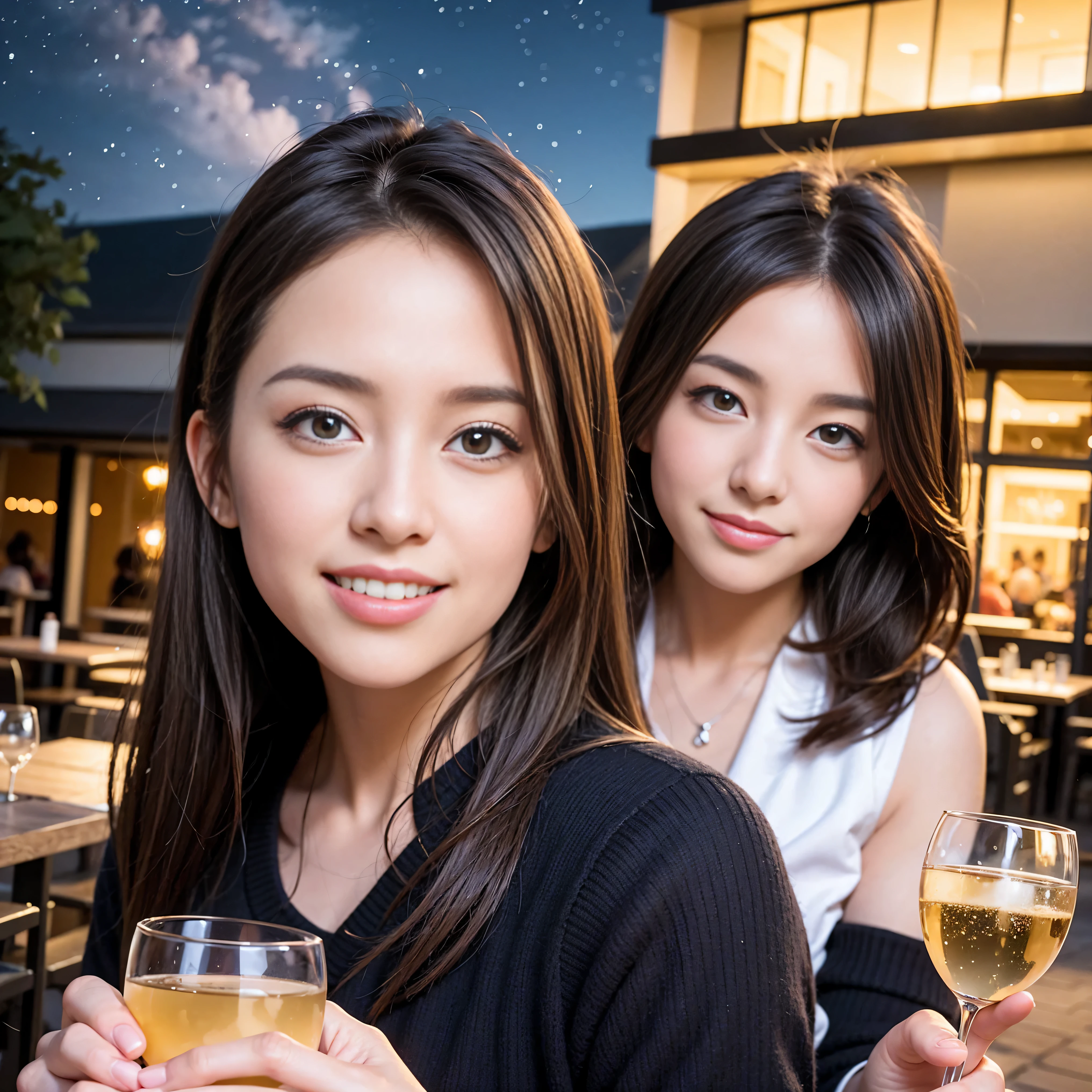 64k, Hmm, highest quality, masterpiece: 1.2), (realistic, photorealistic: 1.37), Spectacular view of the sunset sky and clouds、Amazing mountain views、slimな美女3名, (slimフェイス),Happy、 最高なsmile、Fox face、Berry Short、(because I&#39;thin), (brown hair), (shortcut), long sleeve shirt、winter fashion、Colombian、Brazilian、Japanese、Dutch、German、Portuguese、Belgian、Italian、French,Champagne、sparkling wine、 (Squirting), (slimボティ), (brown hair), (shortcut), neat beauty、cheeks turn a little red, (35 years old), 38 years old, alone, A beautiful and detailed night view spreads out outside the window......, restaurant, wine glassが座っている, At night, in a prominent place (from the Upper body) nova frog style, actress, model, Upper body, White wine, slim, wine glass, Very beautiful night view, wine glass Put in the Middle, Happy smile, (smile: 1.15), 