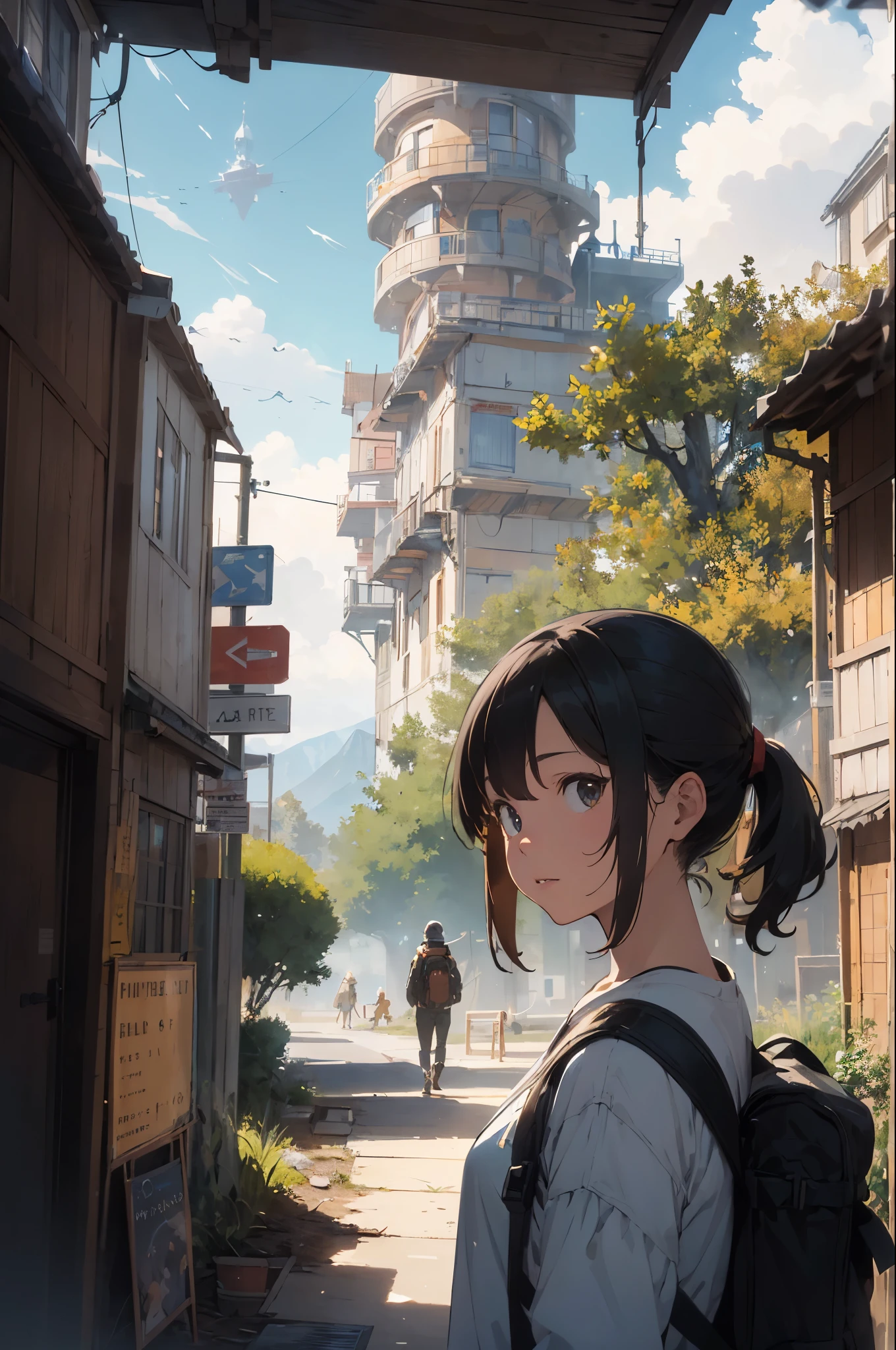 (Very detailed CG unity 8k wallpapers), panoramas of the most beautiful outer space artwork, sci-fi space landscapes, planets, Ed Blinkey, Atey Ghailan, professional majestic paintings of Studio Ghibli, Jeremy Mann, Greg Manchess, Antonio Moro, Trending on ArtStation, Trending on CGSociety, Intricate, High Detail, Sharp focus, dramatic, photorealistic painting art by midjourney and greg rutkowski, silhouette of steampunk guy wearing long robe and backpack, (relic) is covered with vegetation, relic close to viewer, depth of field, (Foreground:1.5relic), middle view:1.2, (distant viewillustration:1, mountain +sky)