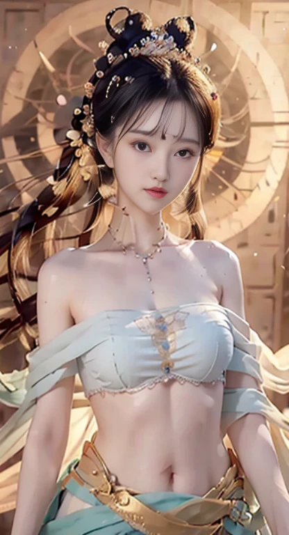 Bust photo, a beautiful woman, messy hair, girly, symmetrical bun, hair accessories, jewelry, delicate face, navel, belly, Dunhuang style, a lot of streamers, delicate skin, soft light effects, delicate and smooth hair, delicate details, eye highlights, fair skin, fine portrayal, extreme details, cinematic quality, thin, slender, broken, hair details, thin bangs, shawl hair, right body, shadow, air bangs, 8K, super fine, fine fabric texture, soft, supple, Smooth texture, Dunhuang style, delicate pattern, correct hand painting, smile, tsurime, Surrealism, ray tracing, UHD, high details, super detail, highres, 8k, high quality, high details, textured skin, ccurate