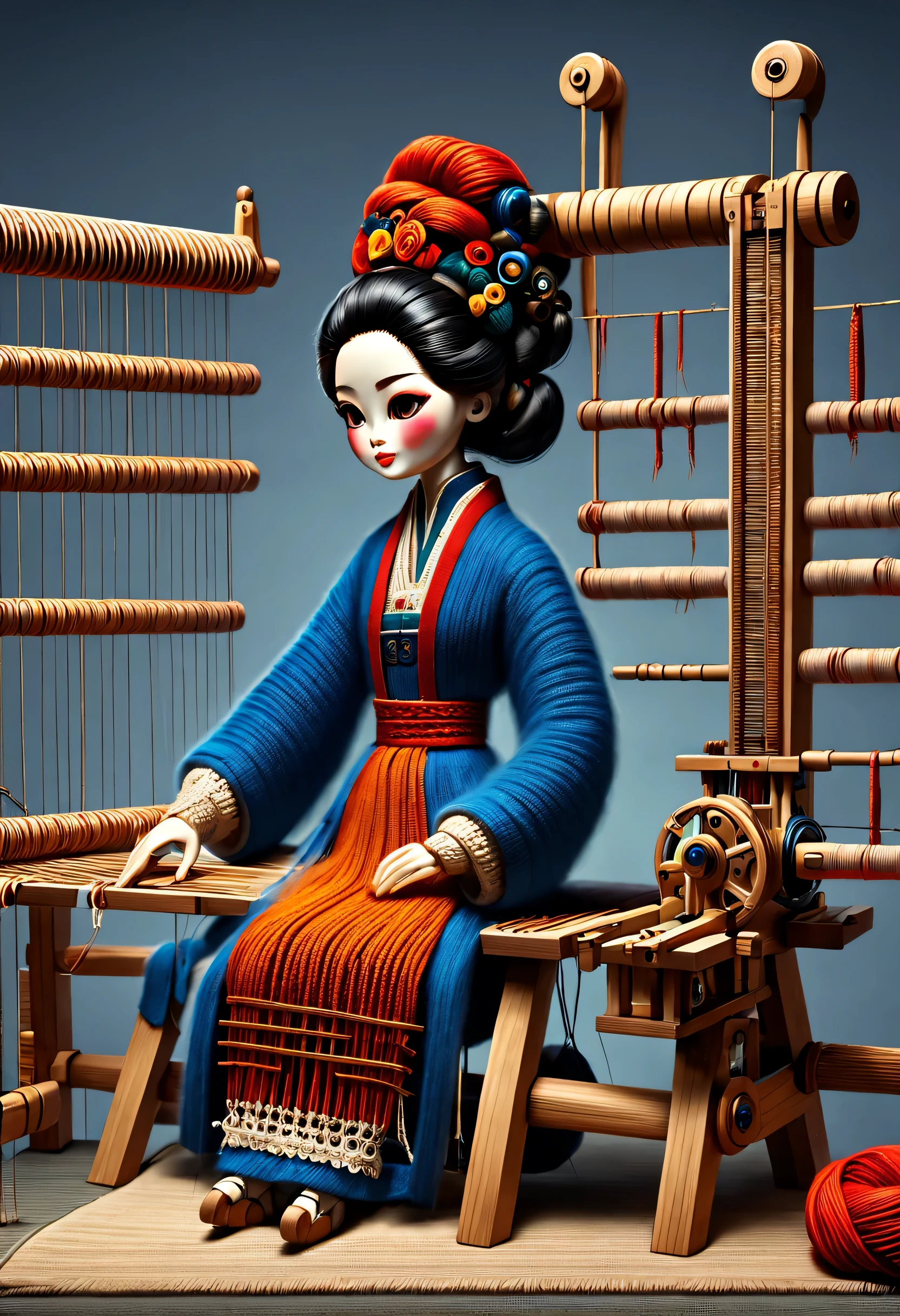 role conception Sheet, Chinese mechanically advanced carpenter sculpture style, role conception, (whole body), side, (A mechanically constructed doll sits at work at a loom), Wooden shuttle Ribbon Loom consists of a loom frame, loom roller, a loom head, Bus, and yarn, Two layer loom frame, which supports each other's loom head and loom roller, and loom roller and loom head are the The core component of weaving, The weaving function is realized through a series of mechanical movements. shuttle, Mechanical thread, Gear connection, , Cute and beautiful face, Extra long red double braid, blue and orange skirt, Thin mechanical wooden arms and legs, Exquisite and detailed hollow clothing, lace, whirlpool, , 8k, super detailed, actual, high resolution, light tracing, woolen art, background: farmhouse at night,
