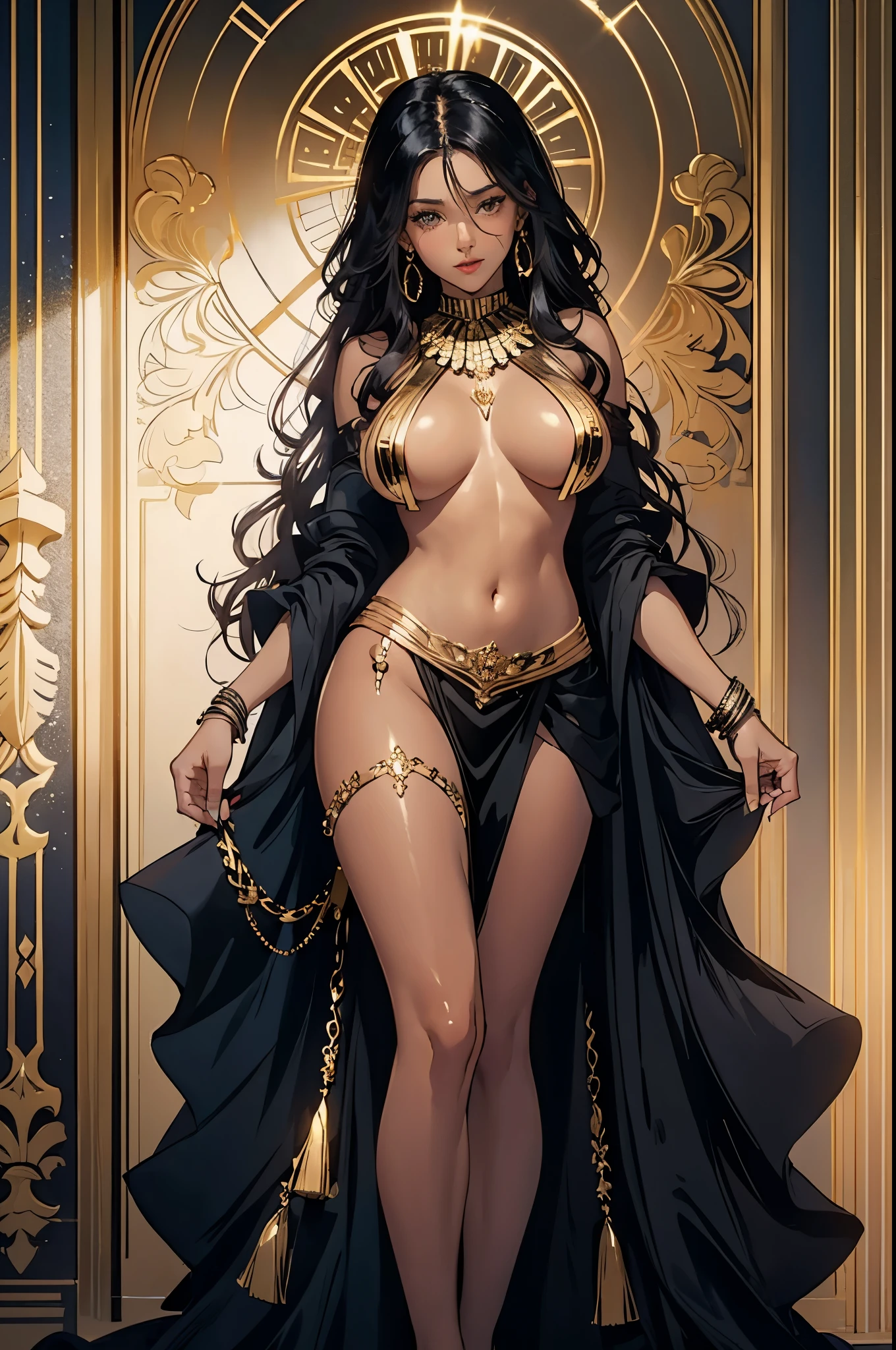 best quality, nsfw, extremely beautiful, beautiful face, long wavy dark hair, (Woman Dark : 1.1), (Brown skin : 1.1), (Shiny skin : 1.5), big breasts, long sexy black and gold dress neckline navel, black and gold breast curtains, long black and gold open_front_skirt, arousal pose, (extremely long necklace that goes down to the navel : 1.1)