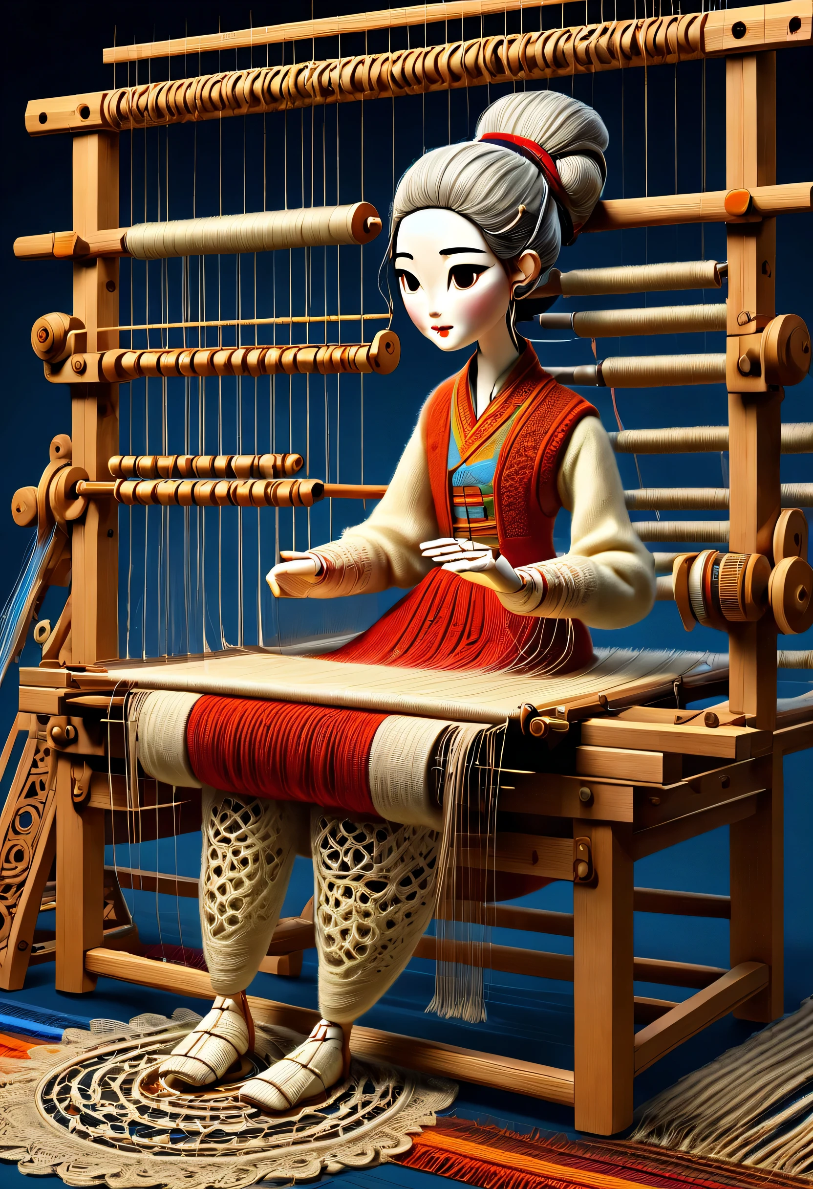 role conception Sheet, Chinese mechanical senior carpenter sculpture style, role conception, (whole body), side, (A mechanically constructed doll sits at work at a loom), Wooden shuttle Ribbon Loom consists of a loom frame, loom roller, a loom head, Bus, and yarn, the loom frame is used to support the loom head and the loom roller, the loom roller and the loom head are the core components of the loom. Weaving rollers and weaving heads are the core components of weaving, They implement the weaving function through a series of mechanical movements. shuttle, Mechanical thread, Gear connection, , Cute and beautiful face, Extra long red double braid, blue and orange skirt, Thin mechanical wooden arms and legs, Exquisite and detailed hollow clothing, lace, whirlpool, , 8k, super detailed, actual, high resolution, light tracing, woolen art, background: farmhouse at night,...