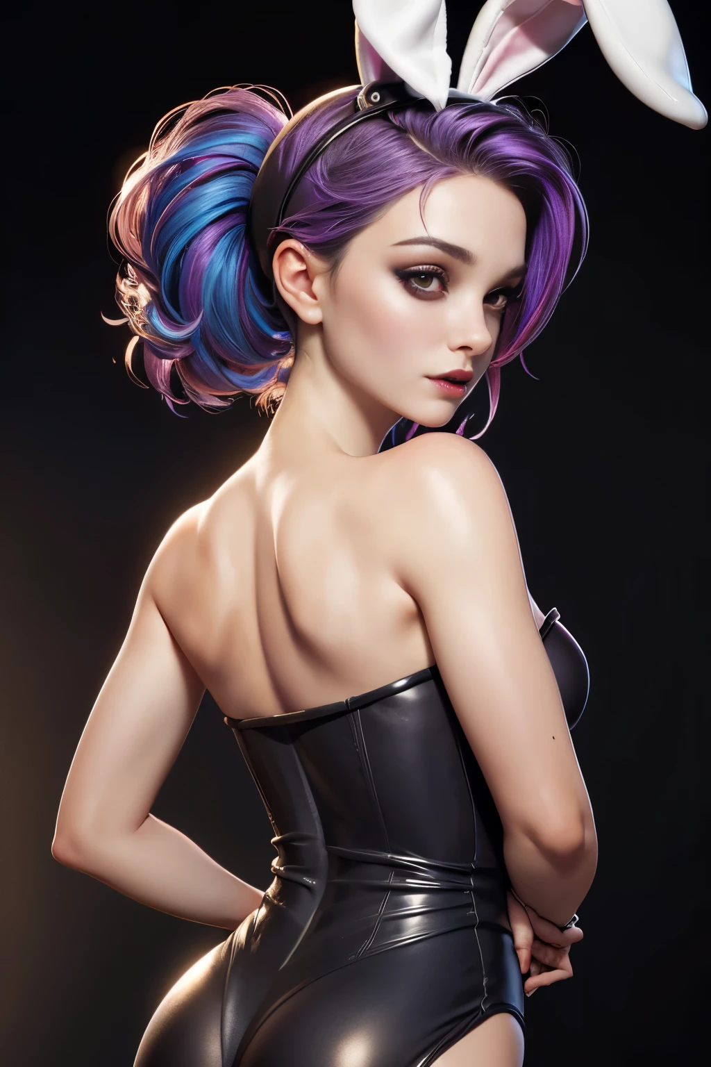 photo of celebrity, RAW, beautiful woman, ((portrait)), ((detailed face, colorful rainbow hair:1.2)), ((detailed facial feature, detailed skin, clear skin, parted lips), (perfect proportioned body, medium breasts), (wearing sexy bunny costume, black strapless costume, black bunny ears on head, pale skin, dark makeup: 1.5)), (high detailed pub, her back to us, backview, Turn Back, Back shot, ass: 1.3), (realistic photo, best quality, detailed), (8k wallpaper), (cinematic lighting, dramatic lighting) (sharp focus, intricate)