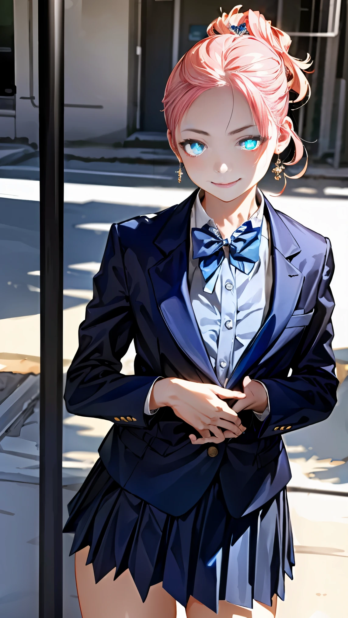 (masterpiece:1.2, highest quality), (realistic, photorealistic:1.4), beautiful illustrations, (natural side lighting, movie lighting), ,
look away, (face focus, Upper body, Front view:0.6), 1 girl, high school girl, Japanese, perfect face, perfect anatomy, Cute symmetrical face, (long face), shiny skin,
(chignon:1.6, pink hair,forehead ), (Strong glowing blue eyes:1.9), ((small narrow eyes)), long eyelashes chest),
beautiful hair, beautiful face, thin and beautiful eyes, beautiful clavicle, beautiful body, beautiful breasts, beautiful thighs, beautiful feet, beautiful fingers,
(((navy blazer:1.6, Navy pleated mini skirt), closed blazer, gray bow tie, white collared shirt), black thigh highs),
(beautiful scenery), Depth of written boundary, morning, (schoolyard), Are standing, (put your hand on your chest), (cute smile),