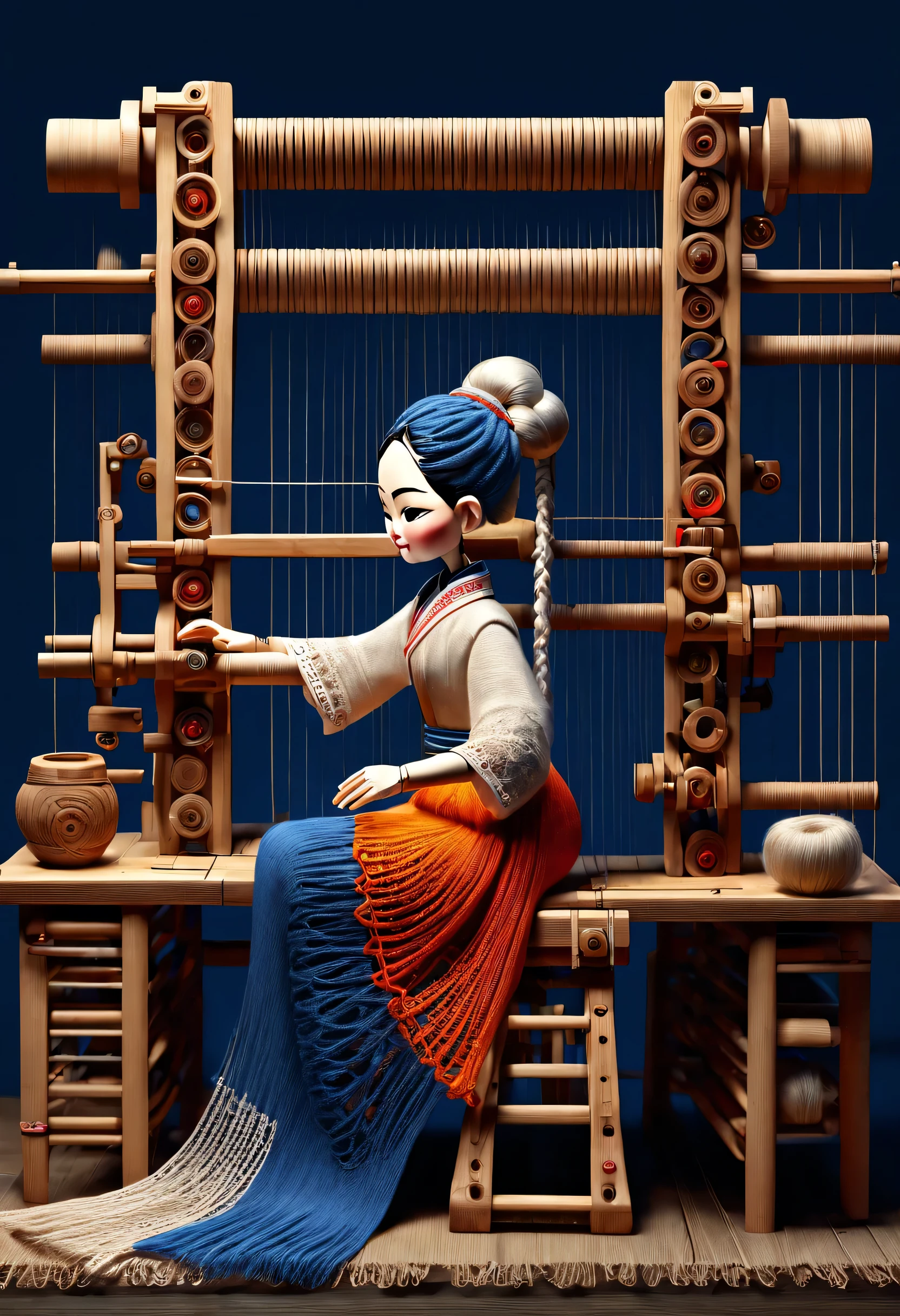 role conception Sheet, Chinese mechanical senior carpenter sculpture style, role conception, (whole body), side, (A mechanically constructed doll sits at work at a loom), Wooden shuttle Ribbon Loom consists of a loom frame, loom roller, a loom head, Bus, and yarn, the loom frame is used to support the loom head and the loom roller, the loom roller and the loom head are the core components of the loom. Weaving rollers and weaving heads are the core components of weaving, They implement the weaving function through a series of mechanical movements. shuttle, Mechanical thread, Gear connection, , Cute and beautiful face, Extra long red double braid, blue and orange skirt, Thin mechanical wooden arms and legs, Exquisite and detailed hollow clothing, lace, whirlpool, , 8k, super detailed, actual, high resolution, light tracing, woolen art, background: farmhouse at night,...