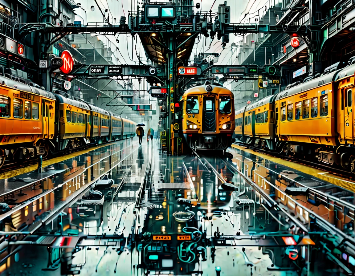 Edge&#39;s dystopian busy train station, Transport vehicles parked at the station and bright signs, Pedestrians move synchronously, Rainwater creates reflective pools on the ground