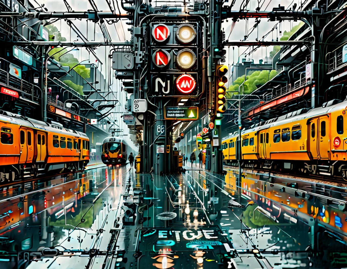 Edge&#39;s dystopian busy train station, Transport vehicles parked at the station and bright signs, Pedestrians move synchronously, Rainwater creates reflective pools on the ground