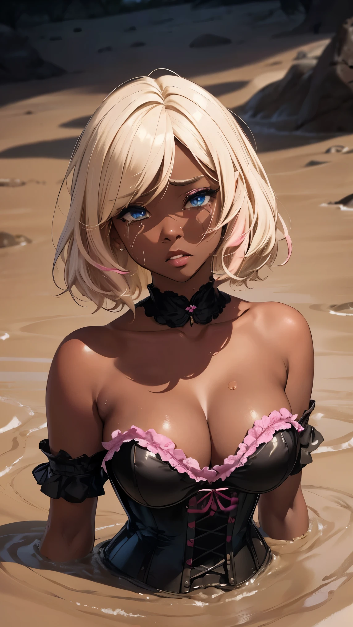 Highest Quality, masterpiece, beautifully detailed eyes, (dark skin), short Blonde Hair, Gradient Hair, pink highlights in hair, large , makeup, glossy lips, full lips, scared, (tears, crying), corset, (quicksand:1.3)