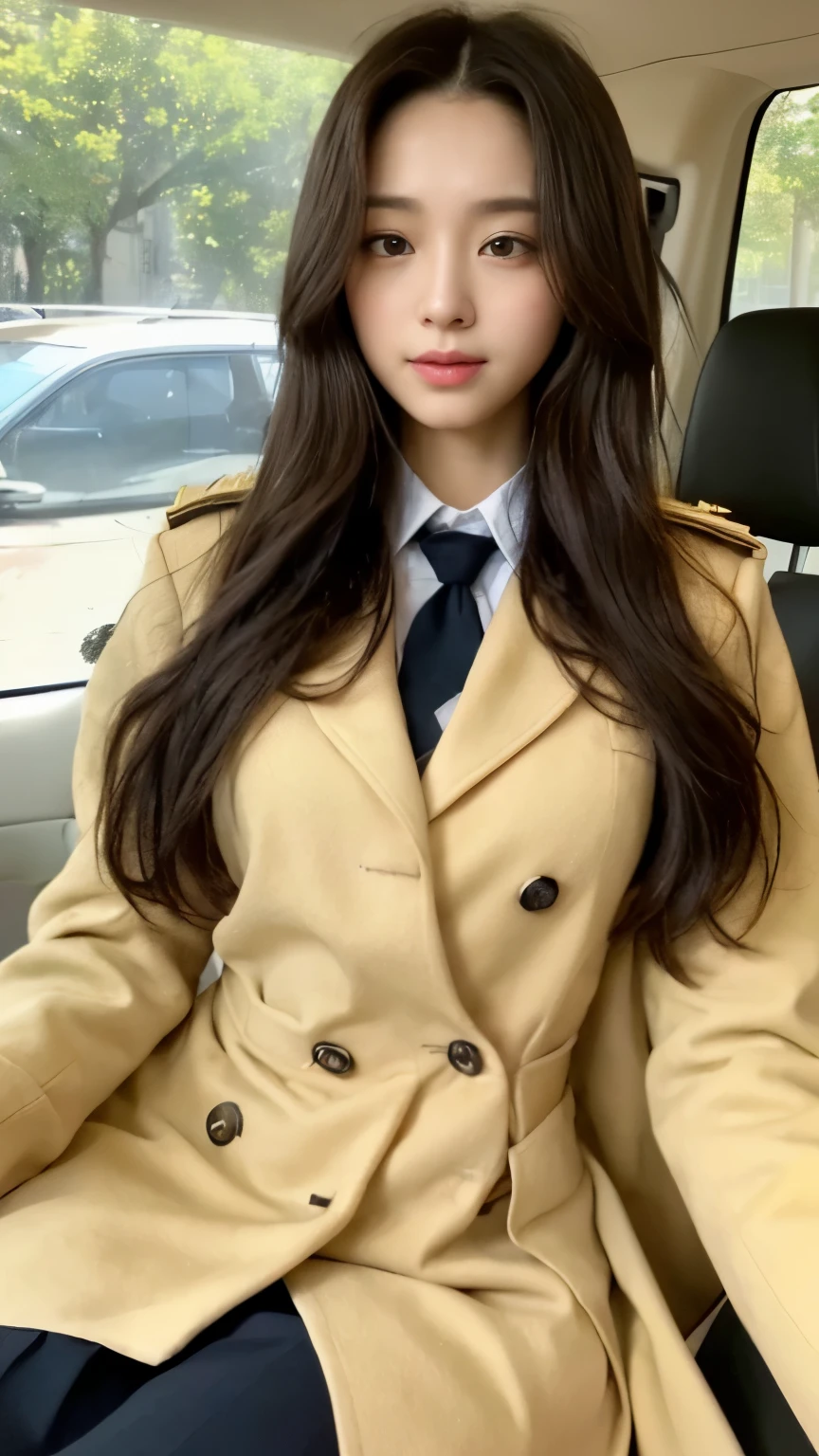 ((top-quality、8k、masterpiece:1.3))、Beautiful woman with perfect body:1.4、slim abdomen:1.2、Longhair, normal breast, Highly detailed facial and skin texture, A detailed eye, delicate eyes, double eyelid, (smile), (full body shot), ((inside the car 1.1)), (sitting on car), ((wearing white uniform with yellow coat)), looking in front