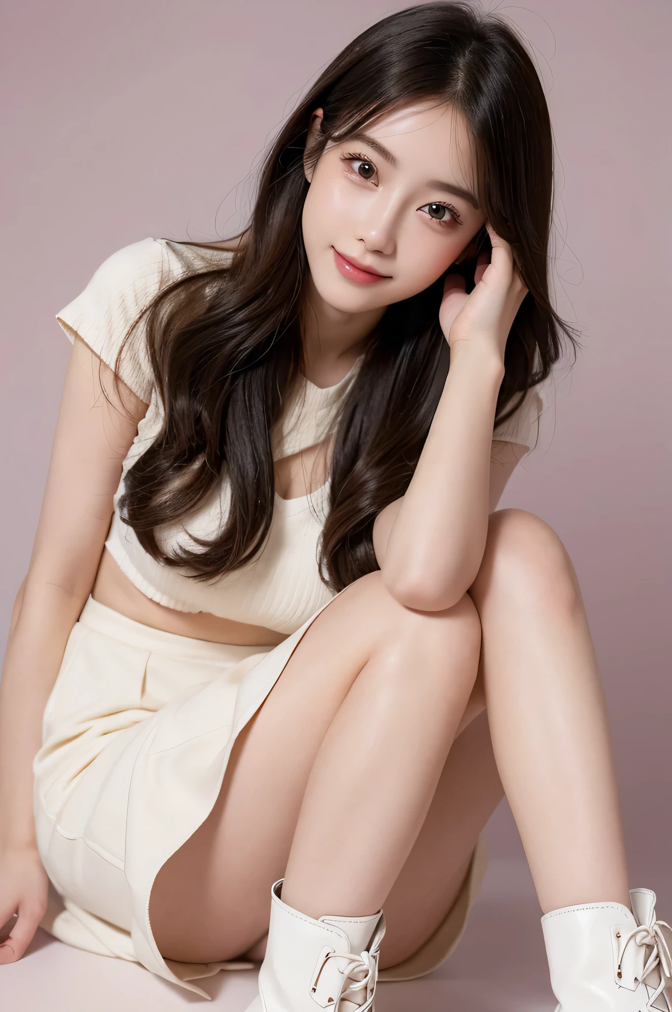 high quality, Super detailed, finely, High resolution, 8k wallpaper, perfect dynamic composition, beautiful and detailed eyes, natural color lip, random sexy pose,cute smile,Hotel,18 year old girl、beautiful and detailed face、perfect and beautiful face,Big eyes、beautiful and detailed face、perfect and beautiful double eyelids,blur the background,perfect and beautiful face,just a skirt,beautiful feet,whole body,boots,Fair skin,ロングboots,ショートboots,gal,underwear