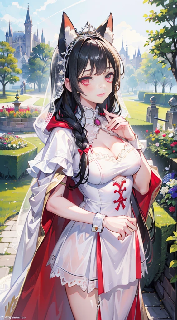 high quality, masterpiece, super detailed, 1 girl, extremely detailed faces,white lace bikini，white cloak，princess crown，Calm expression,bright red lips，Smile，handcuffs，collar，long black hair, Charming pink eyes, fox ears,  castle，garden，waterside，Outdoor activities, garden, medieval western town,