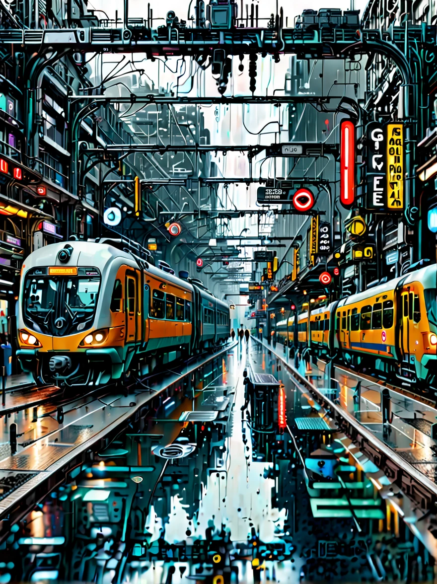 Edge&#39;s dystopian busy train station, Transport vehicles parked at the station and bright signs, Pedestrians move synchronously, Rainwater creates reflective pools on the ground