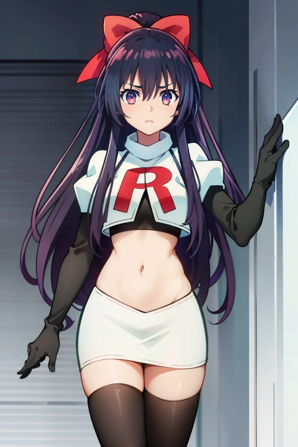(extremely detailed CG unity 4k wallpaper),(masterpiece),(best quality),(ultra-detailed),(best illustration),(best shadow),(absurdres),(detailed background) Tohka Yatogami, 1girl, solo, bow, long hair, hair bow, purple hair, yellow bow, purple eyes, ponytail, breasts, hair between eyes, very long hair, hair ornament, looking at viewer, medium breasts, bangs, anime coloring, team rocket,team rocket uniform,white skirt,red letter R,crop top,black thigh-highs,black elbow gloves