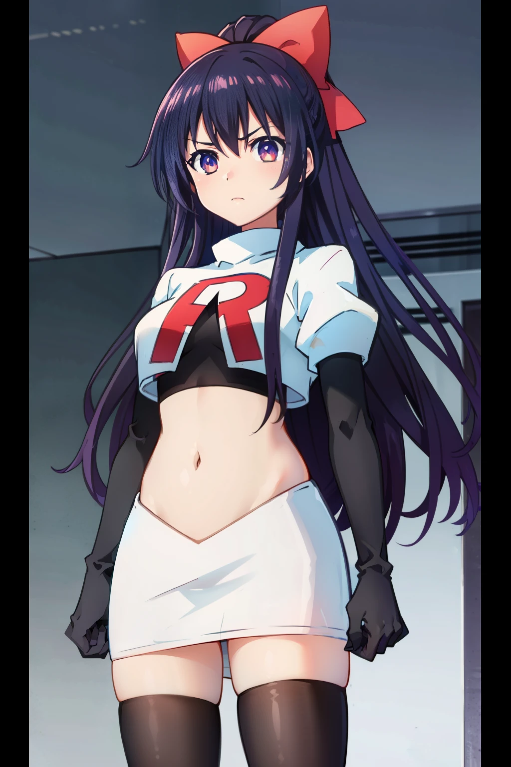 (extremely detailed CG unity 4k wallpaper),(masterpiece),(best quality),(ultra-detailed),(best illustration),(best shadow),(absurdres),(detailed background) Tohka Yatogami, 1girl, solo, bow, long hair, hair bow, purple hair, yellow bow, purple eyes, ponytail, breasts, hair between eyes, very long hair, hair ornament, looking at viewer, medium breasts, bangs, anime coloring, team rocket,team rocket uniform,white skirt,red letter R,crop top,black thigh-highs,black elbow gloves