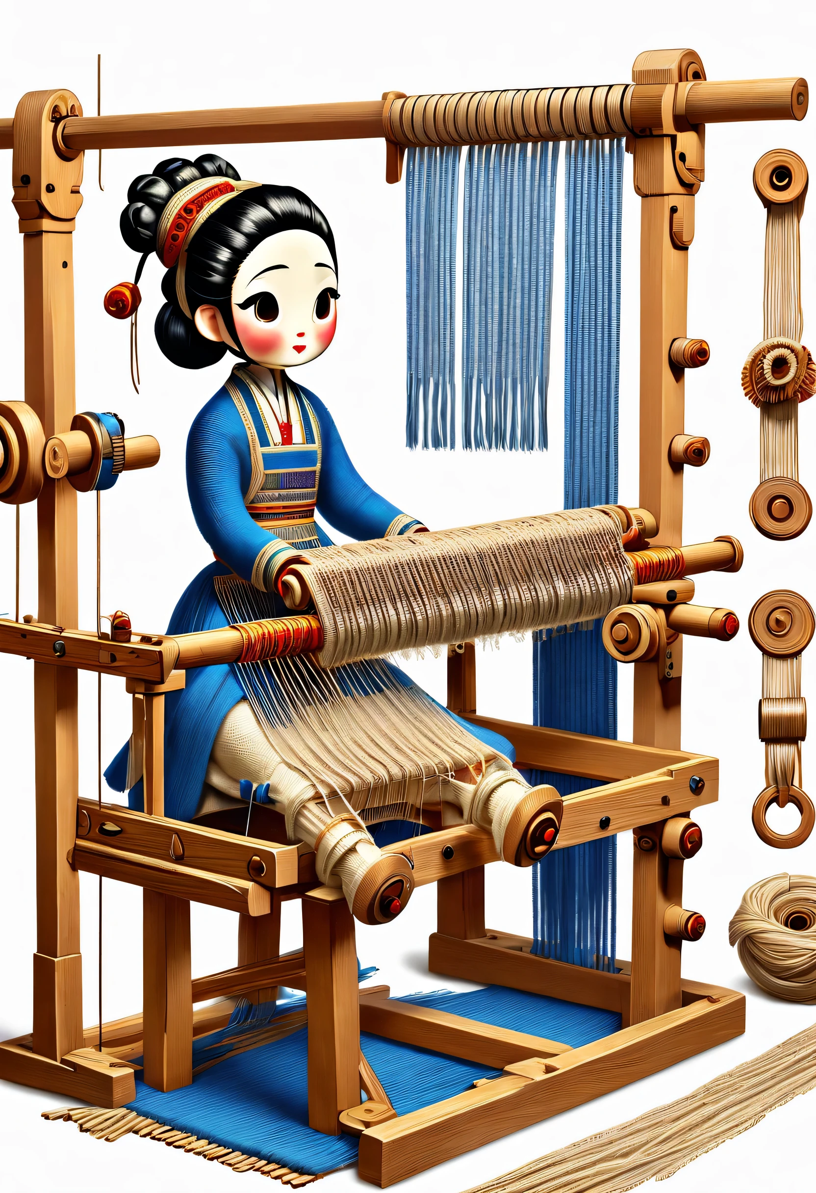 role conception Sheet, Chinese mechanical senior carpenter sculpture style, role conception, (whole body), side, (A mechanically constructed doll sits at work at a loom), Wooden shuttle Ribbon Loom consists of a loom frame, loom roller, a loom head, Bus, and yarn, the loom frame is used to support the loom head and the loom roller, the loom roller and the loom head are the core components of the loom. Weaving rollers and weaving heads are the core components of weaving, They implement the weaving function through a series of mechanical movements. shuttle, Mechanical thread, Gear connection, , Cute and beautiful face, Extra long red double braid, blue and orange skirt, Thin mechanical wooden arms and legs, Exquisite and detailed hollow clothing, lace, needle,shuttle moves around, 8k, super detailed, actual, high resolution, light tracing, woolen art, background: farmhouse at night,...