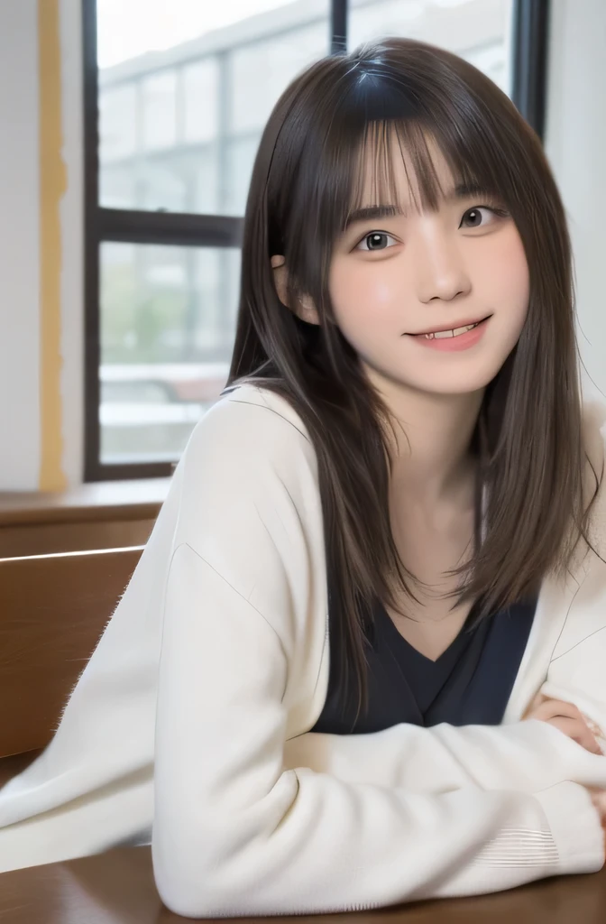table top, highest quality, 8k, , Japanese、teen, RAW photo, award winning portrait, laughter, alone, night, idol face, viola lace, gardenia, delicate girl, Upper body, Digital single-lens reflex camera, looking at the viewer, Frank, Sophisticated, Zora々right, thin arms, professional lighting, film grain, chromatic aberration, (Eye and face details:1.0), black haired、drooling eyes、Japanese high school girl、cute face:1.2,
