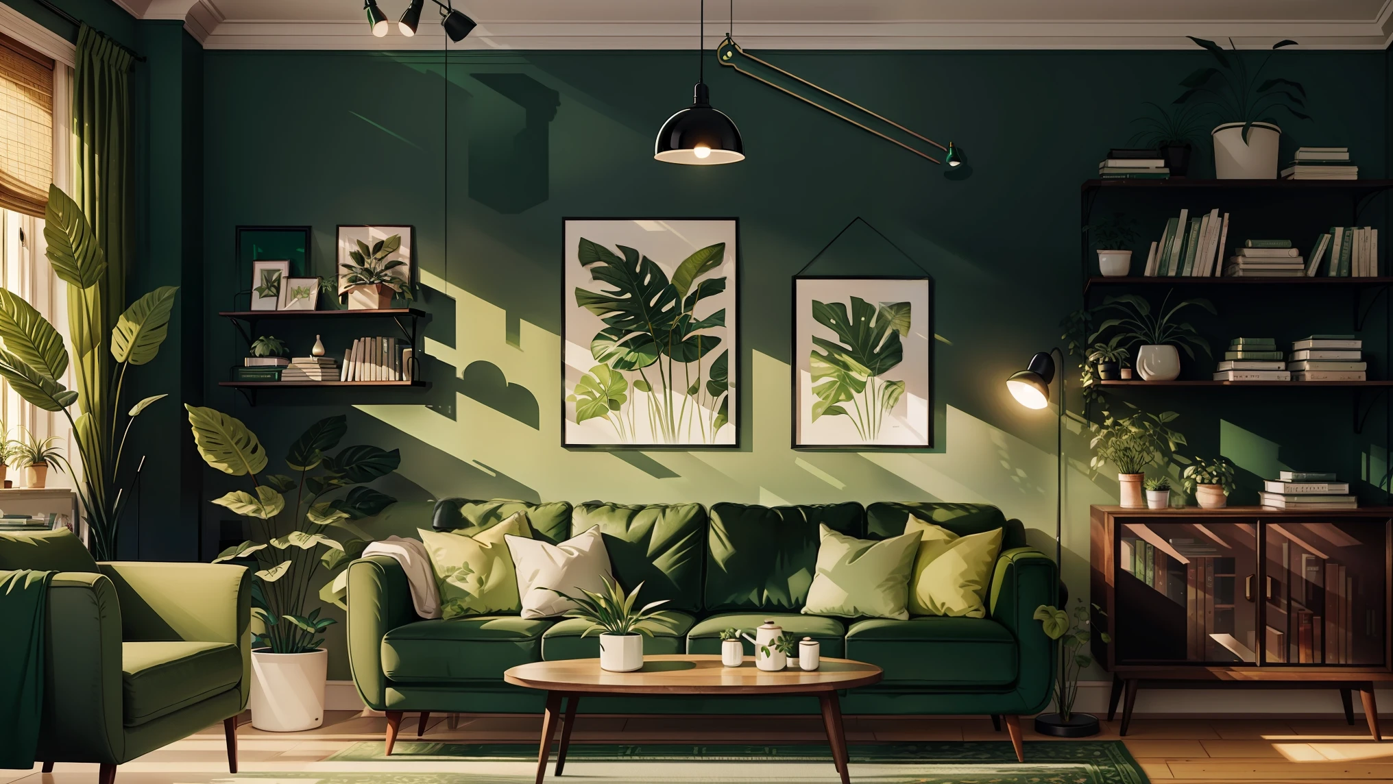 a living room with a green couch and a green plant on the wall and a book shelf with books