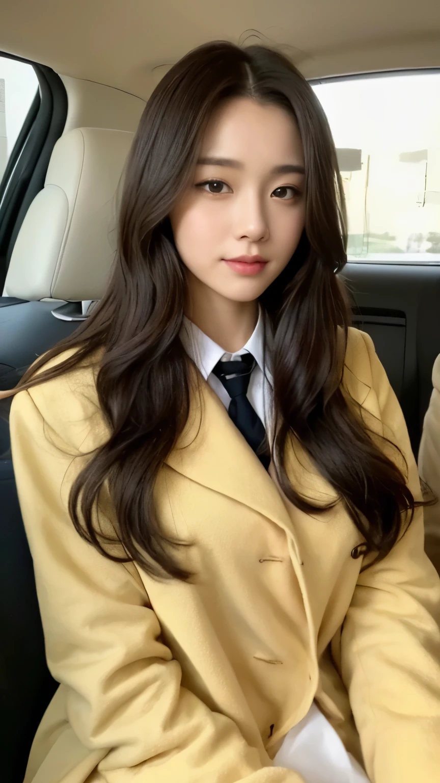 ((top-quality、8k、masterpiece:1.3))、Beautiful woman with perfect body:1.4、slim abdomen:1.2、Longhair, normal breast, Highly detailed facial and skin texture, A detailed eye, delicate eyes, double eyelid, (smile), (full body shot), ((inside the car 1.1)), (sitting on car), ((wearing white uniform with yellow coat)), looking in front