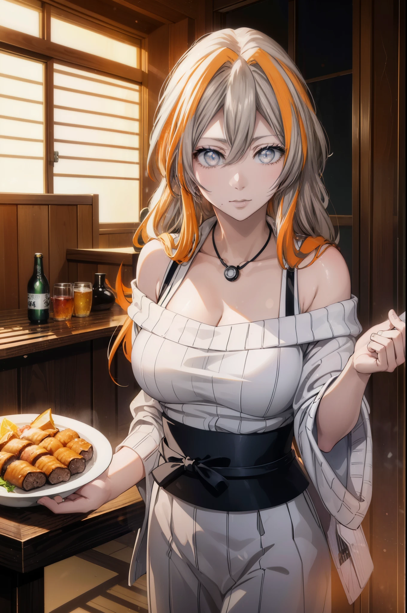 rangikumatsumoto, rangiku matsumoto, long hair, (gray eyes:1.5), orange hair, mole, mole under mouth, smile,happy atmosphere,mouth open,parted bangs, smile,white off shoulder sweater bare neck,bare clavicle,bare shoulders,black long skirt,There are beer mugs and food on the table.,drinking party,
break indoors, Izakaya,
break looking at viewer, (cowboy shot:1.5),
break (masterpiece:1.2), highest quality, High resolution, unity 8k wallpaper, (figure:0.8), (detailed and beautiful eyes:1.6), highly detailed face, perfect lighting, Very detailed CG, (perfect hands, perfect anatomy),