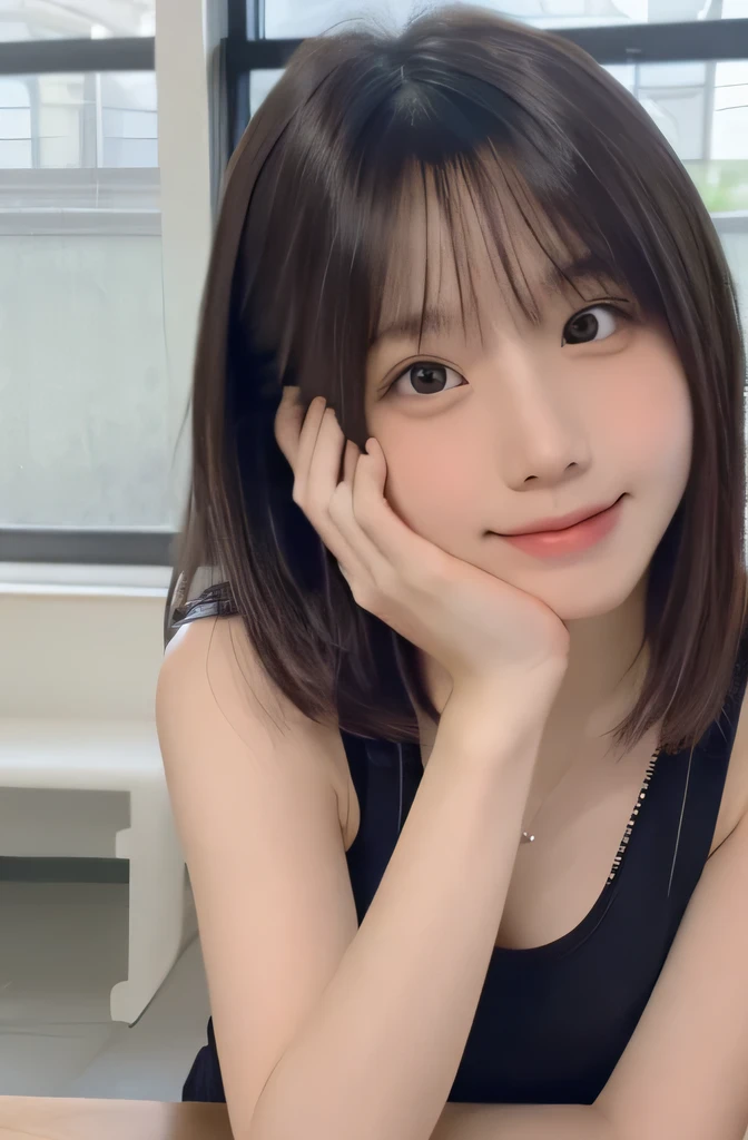 table top, highest quality, 8k, 15 year old student, Japanese、, RAW photo, award winning portrait, laughter, alone, night, idol face, viola lace, gardenia, delicate girl, Upper body, Digital single-lens reflex camera, looking at the viewer, Frank, Sophisticated, Zora々right, thin arms, professional lighting, film grain, chromatic aberration, (Eye and face details:1.0), black haired、drooling eyes、Japanese high school girl、cute face:1.2,