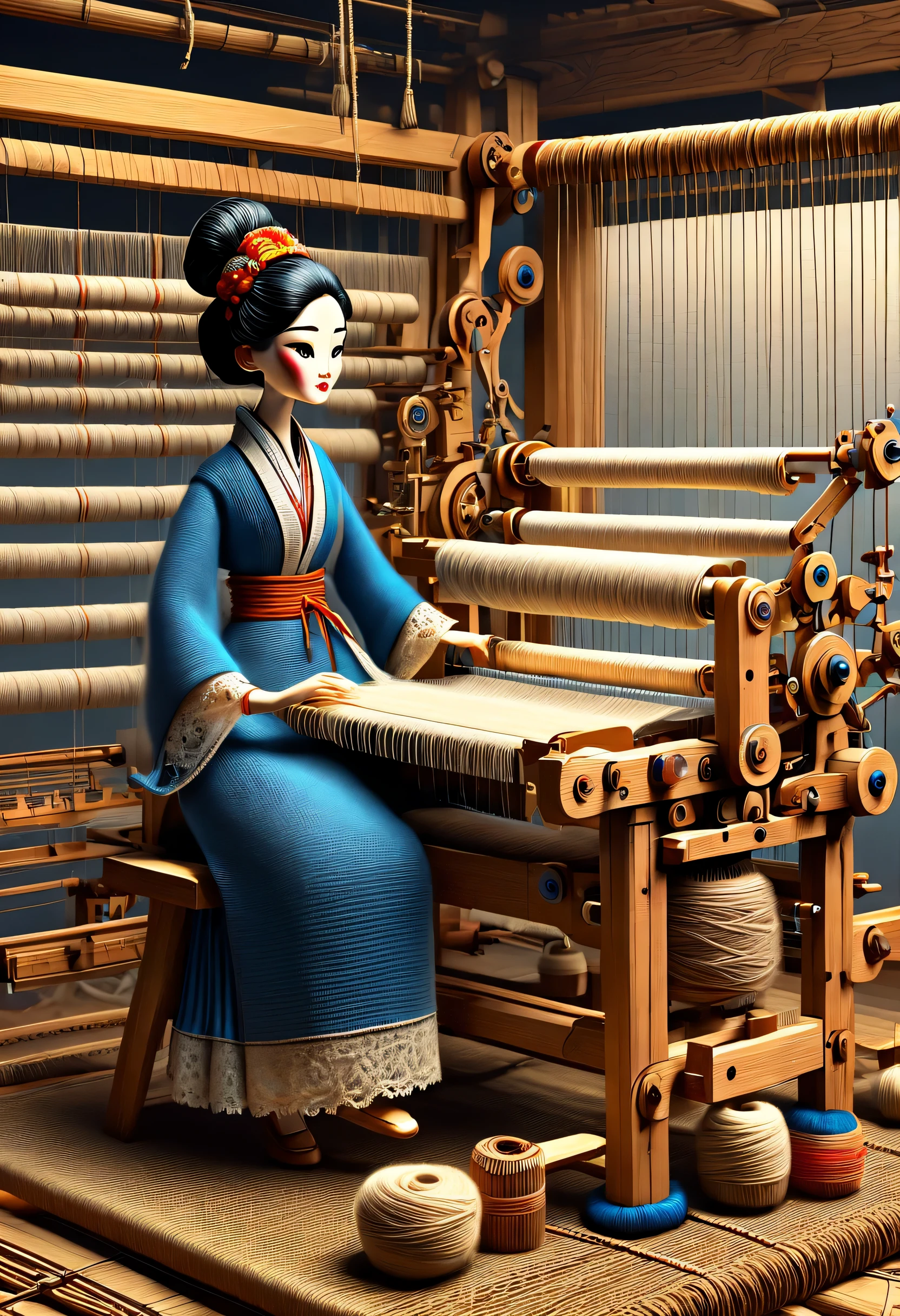 role conception Sheet, Chinese mechanically advanced carpenter sculpture style, role conception, (whole body), side, (a Mechanically constructed doll is sitting in front of a loom and working), Wooden shuttle Ribbon Loom consists of a loom frame, loom roller, a loom head, Bus, and yarn, Two layer loom frame, which supports each other's loom head and loom roller, and loom roller and loom head are the The core component of weaving, through a series of Mechanical movement to realize the function of weaving. shuttle, Mechanical thread, Gear connection, , Cute and beautiful face, Extra long red double braid, blue and orange skirt, thin Mechanical wooden arms and legs, Beautifully detailed costumes, hollow, lace, spinning, , 8k, super detailed, actual, high resolution, light tracing, woolen art, background: farmhouse at night, Mechanical.