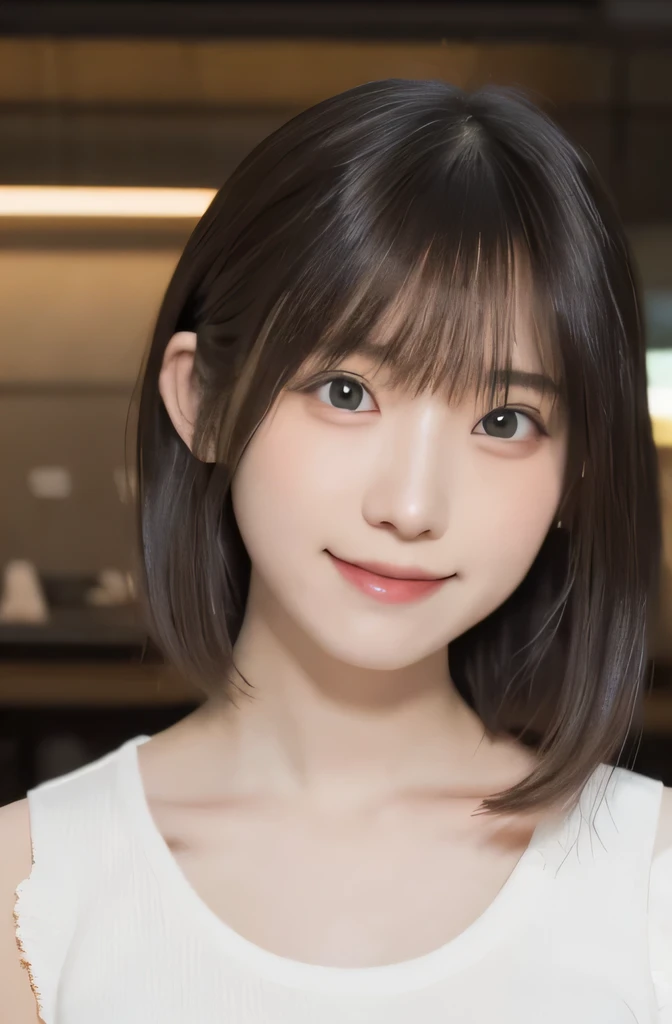 table top, highest quality, 8k, 15 year old student, Japanese、, RAW photo, award winning portrait, laughter, alone, night, idol face, viola lace, gardenia, delicate girl, Upper body, Digital single-lens reflex camera, looking at the viewer, Frank, Sophisticated, Zora々right, thin arms, professional lighting, film grain, chromatic aberration, (Eye and face details:1.0), black haired、drooling eyes、Japanese high school girl、cute face:1.2,