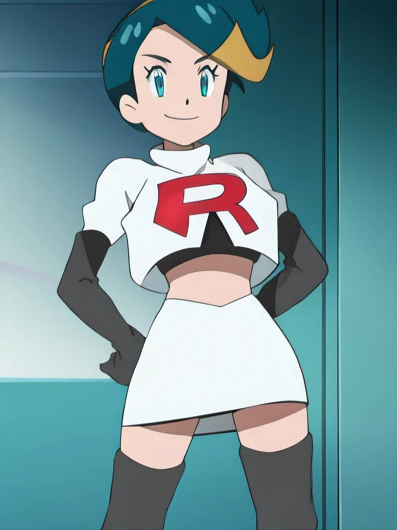 8k,1girl in, (solo:1.1), (perfect body:1.1), (best quality:1.1), very large breast, team rocket, team rocket uniform, red letter r, white skirt,white crop top,black thigh-high boots, black elbow gloves, smiling, looking down at viewer, hands on hips,zettai ryouiki,cowboy shot