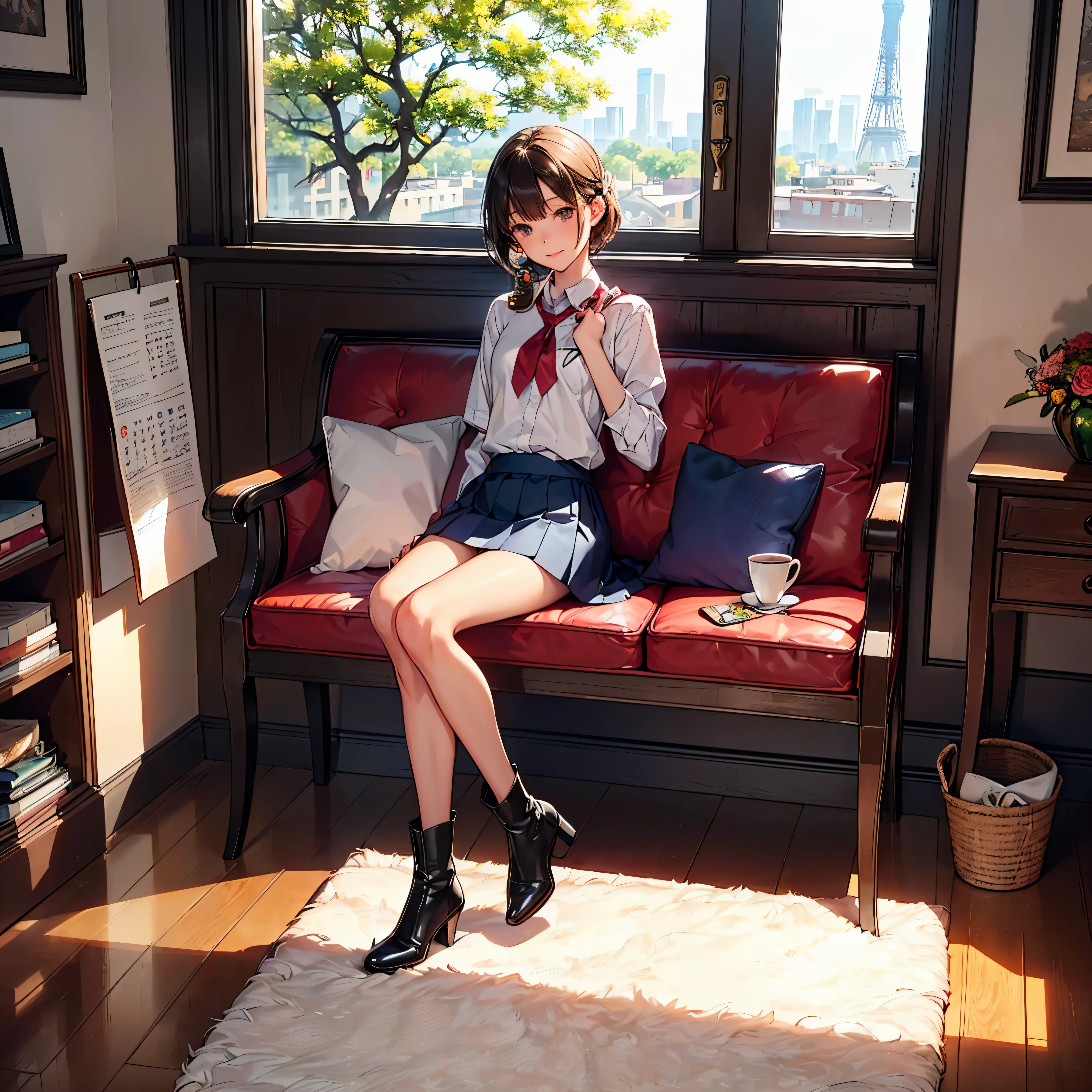 (epic Masterpiece, ultra highest quality, ulra highest resolution, ulra high-definition, distinct_image, very elaborate CG, cinematic lighting, ray tracing, drop shadows, detailed detail, (photorealistic: 1.4), ultra high quality textures, fine-grained, realistic face expression): (lone girl, face is Japan, brown short hair, small size breasts, sparkling eyes, Eye level shot, happy smile, beauty, slim body, holiday, own room, console game, computer, display, keyboard, mouse, long leather skirt, collared shirt, leather vest, handgun holder, carrying leather bag on your back, long boots, antique radio, coffee, model train, bookshelf, spacious yellowchair, Pots, fans, paintings, stuffed animals, ties, notebooks, stationery, vases, photo frames, letters, fountain pens, calendars, lamps, cushions, baskets, mirrors reflecting in profile, candles, telephone, fruit, newspapers, sweets, city Eiffel view outside the window), Pendulum clock frog varied multi etc. --v6 --s1000 --c20 --q5 --chaos100