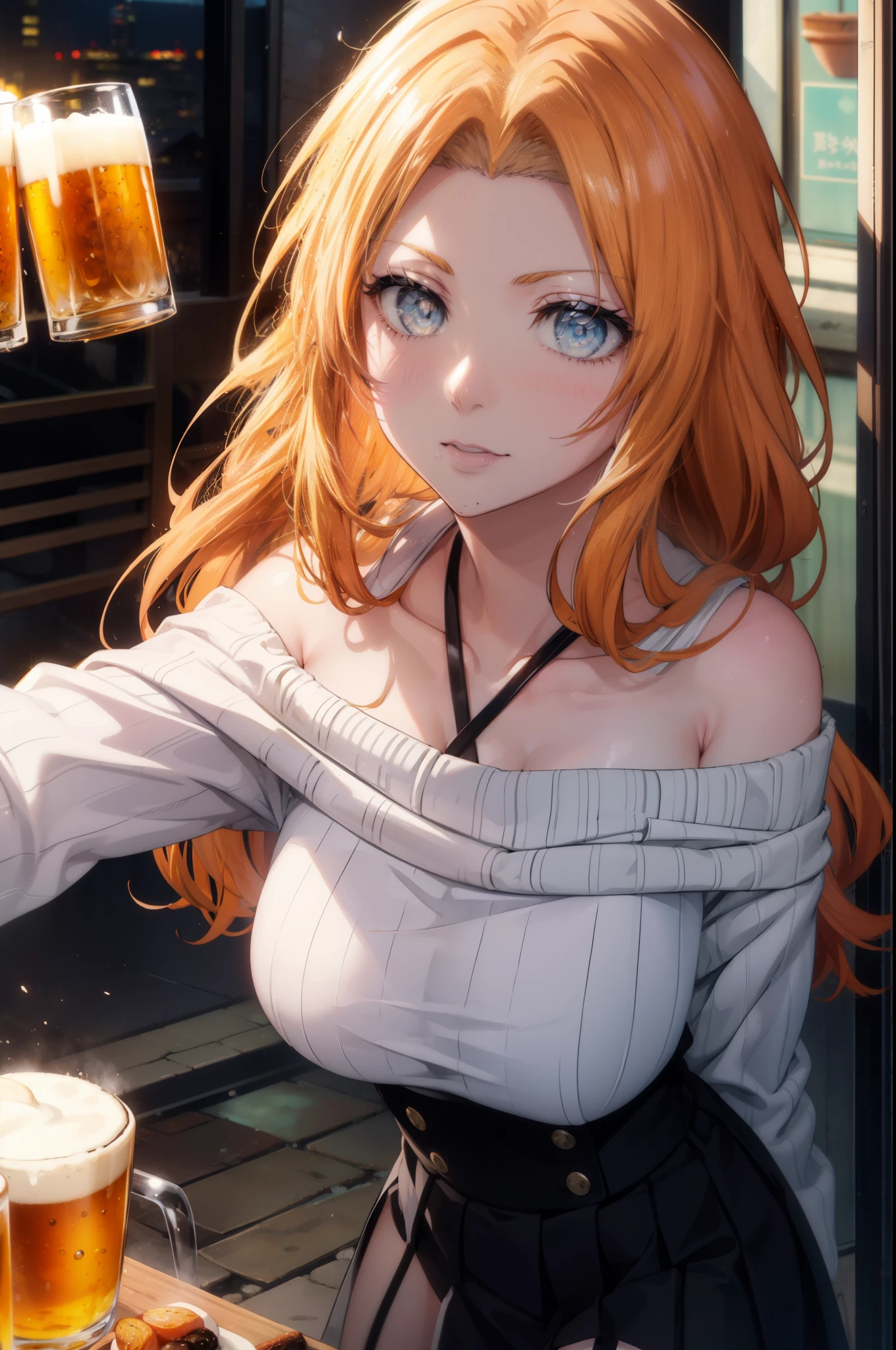 rangikumatsumoto, rangiku matsumoto, long hair, (gray eyes:1.5), orange hair, mole, mole under mouth, smile,happy atmosphere,mouth open,parted bangs, smile,white off shoulder sweater bare neck,bare clavicle,bare shoulders,black long skirt,There are beer mugs and food on the table.,drinking party,
break indoors, Izakaya,
break looking at viewer, (cowboy shot:1.5),
break (masterpiece:1.2), highest quality, High resolution, unity 8k wallpaper, (figure:0.8), (detailed and beautiful eyes:1.6), highly detailed face, perfect lighting, Very detailed CG, (perfect hands, perfect anatomy),