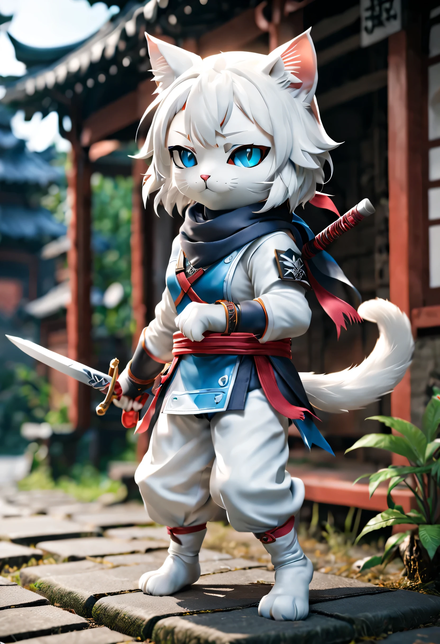 Full body Esbian、cool white cat、pop white cat、diorama、simple background、background white、bandana、ninja、Holding a kunai in your hand、 highest quality, Capture the cutest moments, written boundary depth, Super detailed, ultra high resolution, octadale, 8k, 16km race