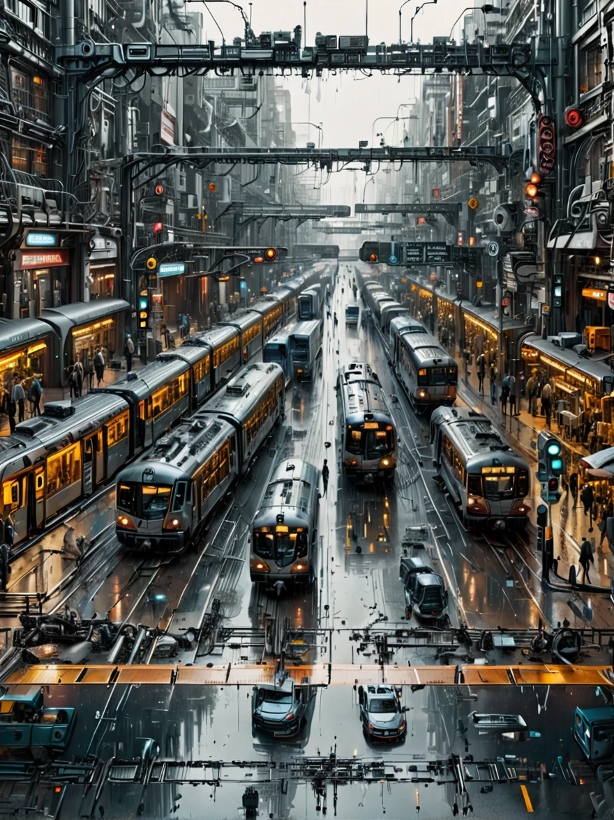 Edge&#39;s dystopian busy train station, Transport vehicles parked at the station and bright signs, Pedestrians move synchronously, Rainwater creates reflective pools on the ground