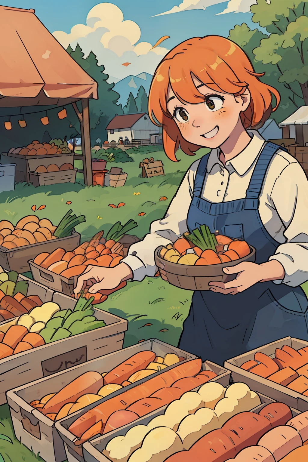 Vibrant Carrots: 1.7, Detailed Illustration, High Definition, Realistic Textures, Orange Hues, Sunlit Farmers Market, Crisp and Fresh, Realistic Shading, Soft Focus, Rustic Setting, Earthy Colors, Delicate Shadows, Relaxing Atmosphere, Organic Produce, Joyful Vendor, Happiness Personified, Playful Lighting, Golden Reflections, Farm-to-Table, Abundance of Nature, Wholesome Harvest, Farm-Fresh, Nourishing, Savory, Crunchy, Delightful, Healthy Eating, Root Vegetables, Vegetables Market, Farm