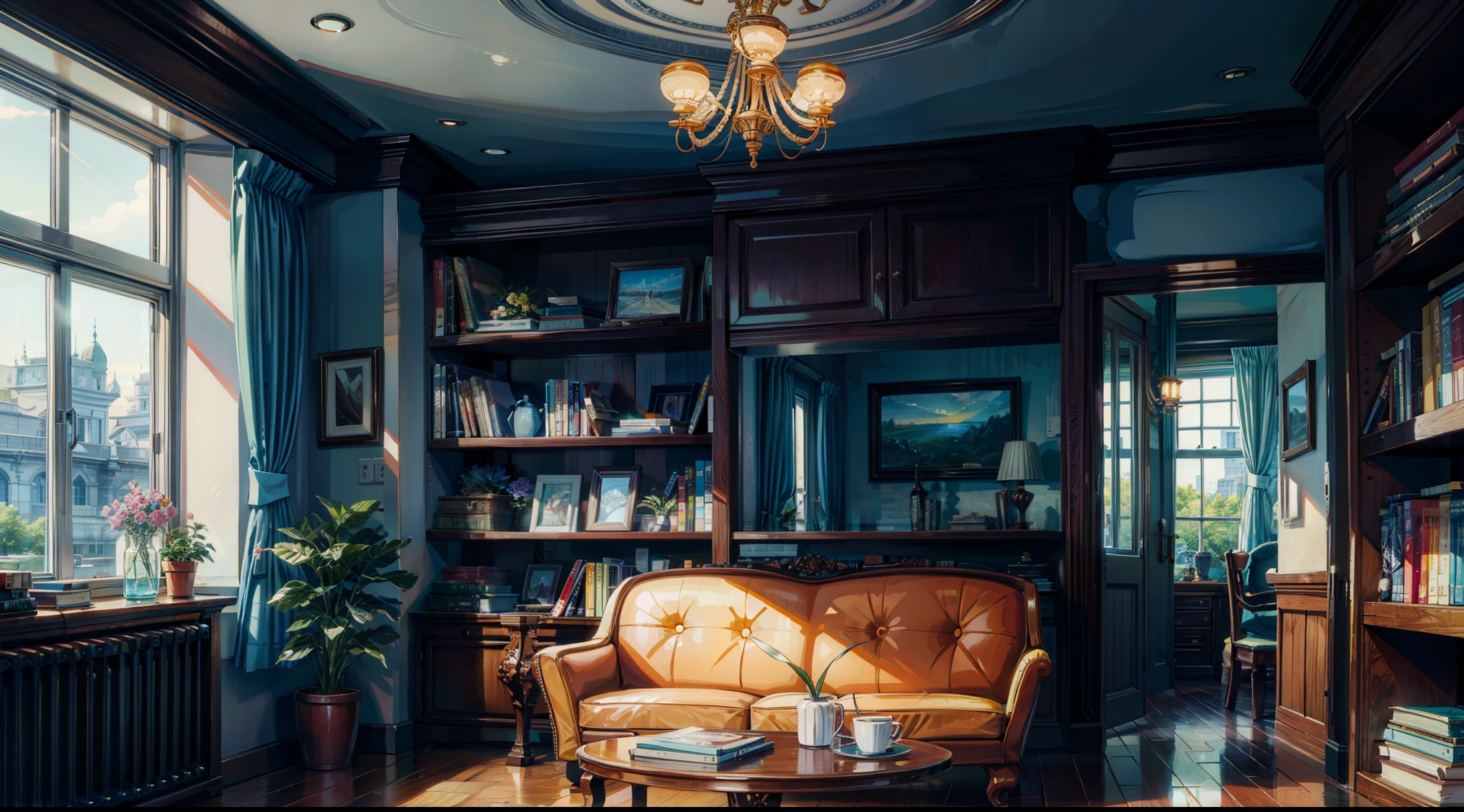 Masterpiece, best quality, living room. Blue sofa, wooden floor, bookshelves, windows, sky outside the window, landscape, flowers, very detailed interior layout, sun