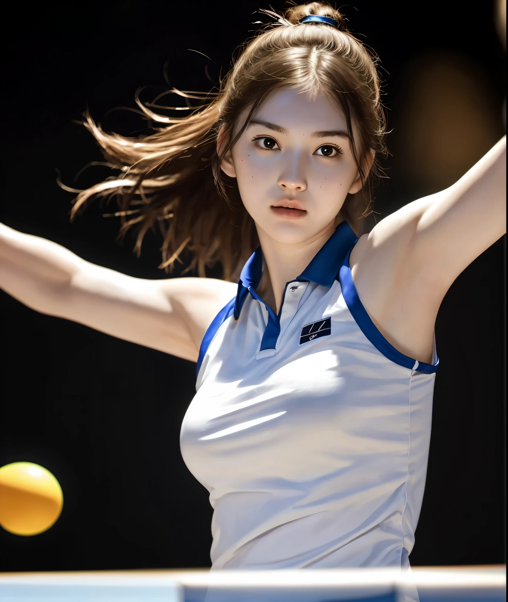 masterpiece, best quality, extremely detailed, hyperrealistic, photorealistic, a pretty woman, ping-pong player:1.2, ping-pong racket:1.2, holding ping-pong racket, ping-pong serve, ping-pong table, dynamic pose, ultra detailed face:1.3, half sleeve uniform:1.1, perfect arms, looking at viewer