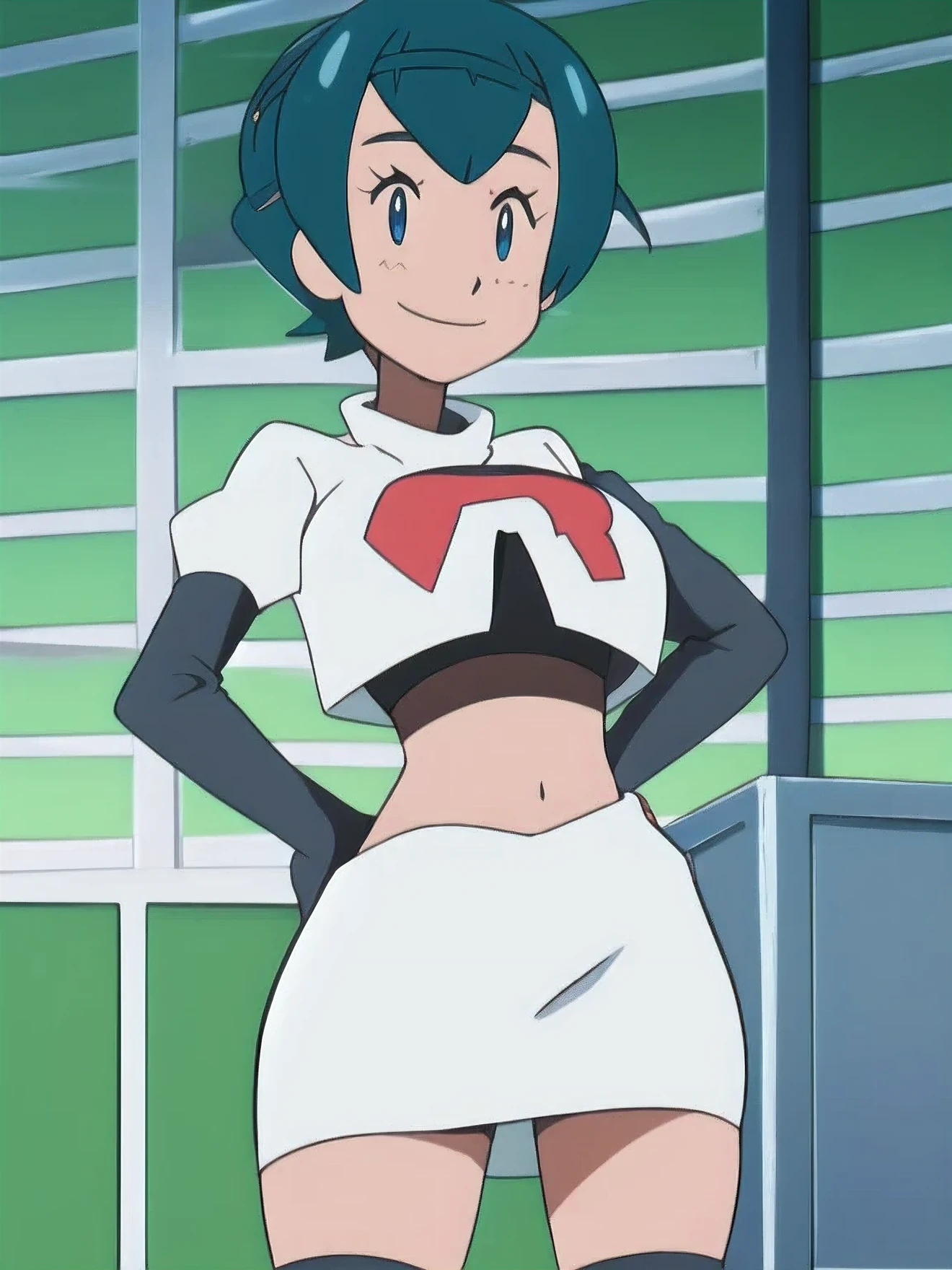 8k,1girl in, (solo:1.1), (perfect body:1.1), (best quality:1.1), very large breast, team rocket, team rocket uniform, red letter r, white skirt,white crop top,black thigh-high boots, black elbow gloves, smiling, looking down at viewer, hands on hips,zettai ryouiki,cowboy shot
