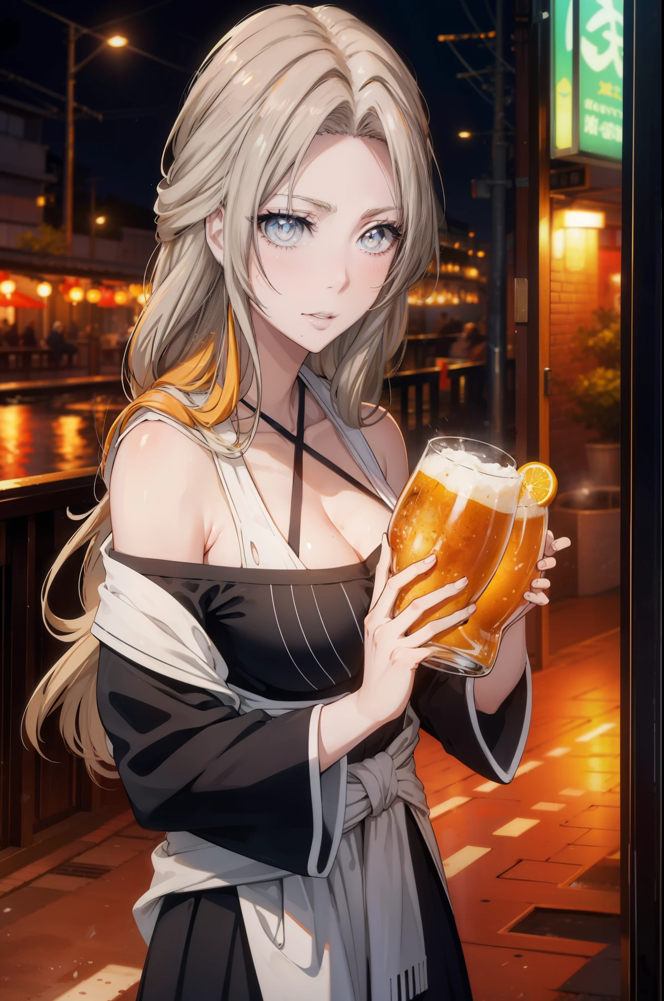 rangikumatsumoto, rangiku matsumoto, long hair, (gray eyes:1.5), Red-orange hair, mole, mole under mouth, smile,happy atmosphere,mouth open,parted bangs, smile,white off shoulder sweater bare neck,bare clavicle,bare shoulders,black long skirt,There are beer mugs and food on the table.,drinking party,I'm drunk,
break indoors, Izakaya,
break looking at viewer, (cowboy shot:1.5),
break (masterpiece:1.2), highest quality, High resolution, unity 8k wallpaper, (figure:0.8), (detailed and beautiful eyes:1.6), highly detailed face, perfect lighting, Very detailed CG, (perfect hands, perfect anatomy),