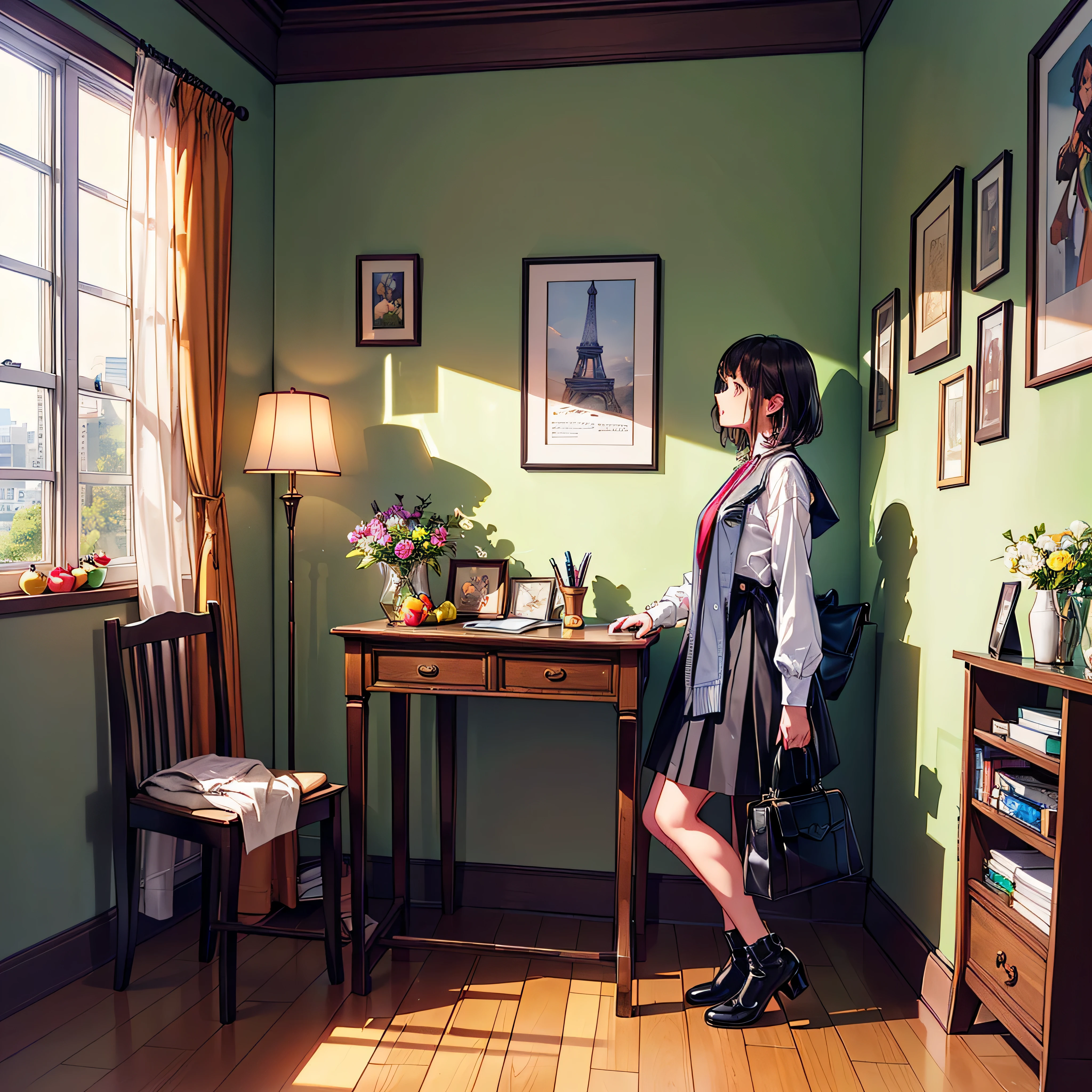 (epic Masterpiece, ultra highest quality, ulra highest resolution, ulra high-definition, distinct_image, very elaborate CG, cinematic lighting, ray tracing, drop shadows, detailed detail, (photorealistic: 1.4), ultra high quality textures, fine-grained, realistic face expression): (lone girl, face is Japan, brown short hair, small size breasts, sparkling eyes, Eye level shot, happy smile, beauty, slim body, holiday, own room, console game, computer, display, keyboard, mouse, long leather skirt, collared shirt, leather vest, handgun holder, carrying leather bag on your back, long boots, antique radio, coffee, model train, bookshelf, spacious yellowchair, Pots, fans, paintings, stuffed animals, ties, notebooks, stationery, vases, photo frames, letters, fountain pens, calendars, lamps, cushions, baskets, mirrors reflecting in profile, candles, telephone, fruit, newspapers, sweets, city Eiffel view outside the window), Pendulum clock frog varied multi etc. --v6 --s1000 --c20 --q5 --chaos100