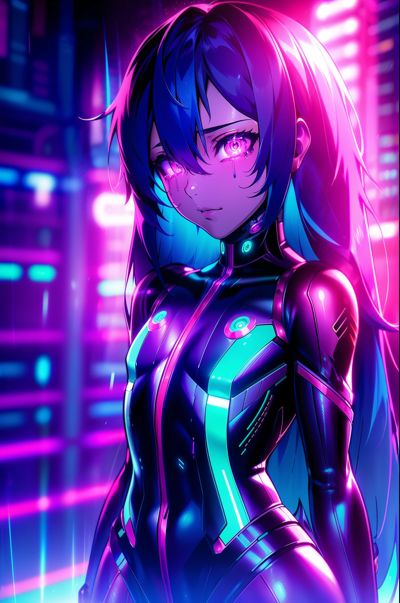 (extremely detailed CG unity 4k wallpaper),(masterpiece),(best quality),(ultra-detailed),(best illustration),(best shadow),(absurdres),(detailed background), Cyberpunk femboy, cute, you look lonely scene, bladerunner 2049, night, Neon lights, Crying, Highly detailed face, Long hair, Cyperpunk outfit, Flat chest,  