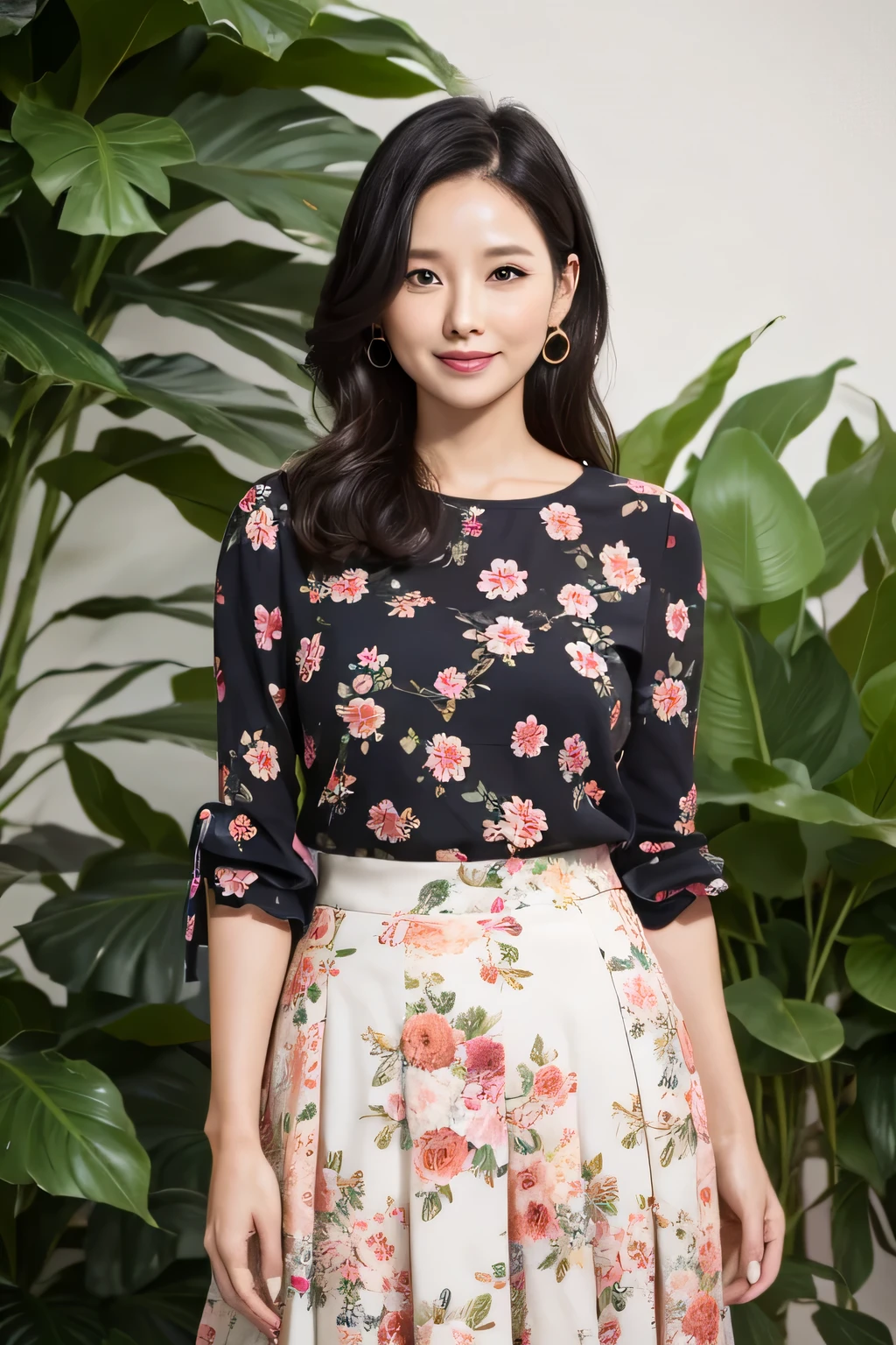 miss,35 years old,full,floral skirt,Upper body