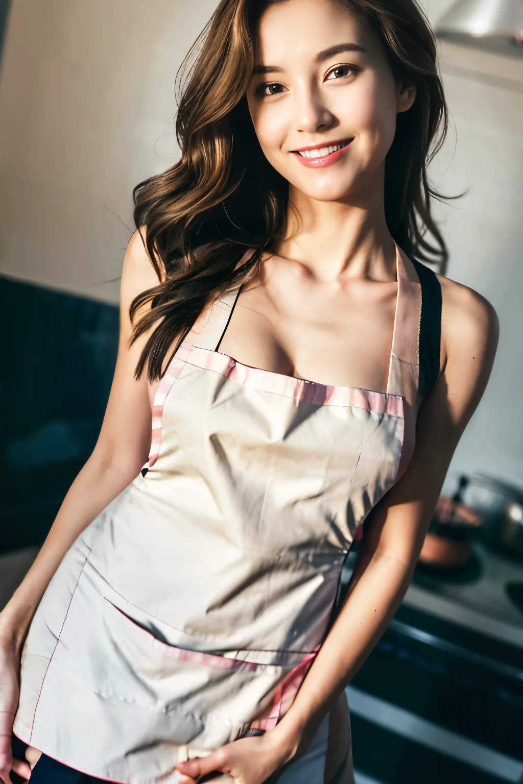 (small under the chest,Tomboyish,small head)),  (perfect body: 1.1), (long brown hair with highlights:1),curly hair、attractive clavicle，（Highly detailed CG 8k wallpaper），（very sophisticated and beautiful），（masterpiece），（best quality:1.9），（超High resolution:1.9），Upper body，[High resolution]，cheerfulness，smile，smooth and perfect white skin,super detailed,stretched legs，（small breasts:1.1),slim,thin,(naked apron:1.5),at home,,close shot,nightfall,Warm candlelight,(lie on your back:1.4),From above,cowboy shot