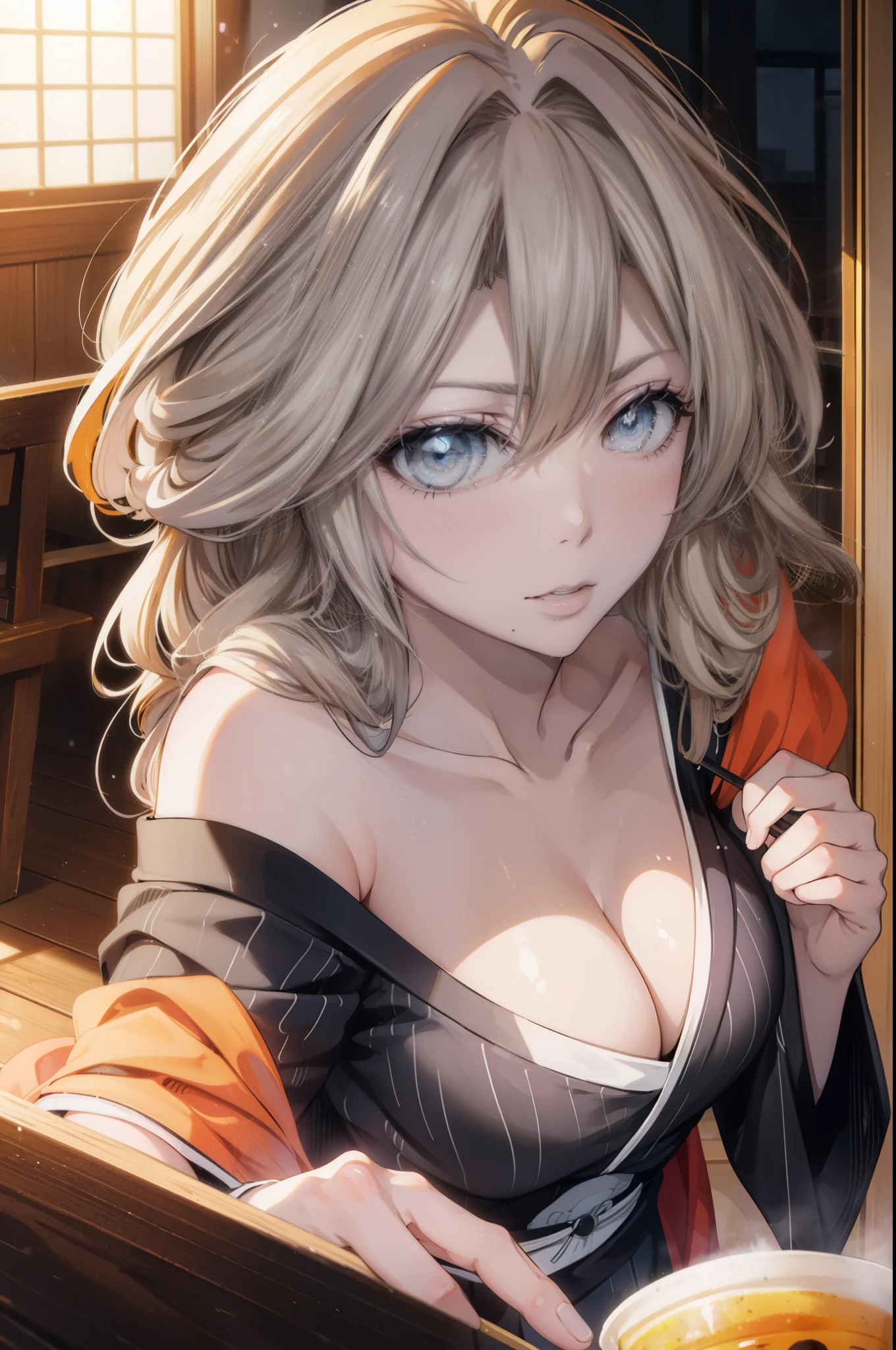 rangikumatsumoto, rangiku matsumoto, long hair, (gray eyes:1.5), Red-orange hair, mole, mole under mouth, smile,happy atmosphere,mouth open,parted bangs, smile,white off shoulder sweater bare neck,bare clavicle,bare shoulders,black long skirt,There are beer mugs and food on the table.,drinking party,I'm drunk,
break indoors, Izakaya,
break looking at viewer, (cowboy shot:1.5),
break (masterpiece:1.2), highest quality, High resolution, unity 8k wallpaper, (figure:0.8), (detailed and beautiful eyes:1.6), highly detailed face, perfect lighting, Very detailed CG, (perfect hands, perfect anatomy),