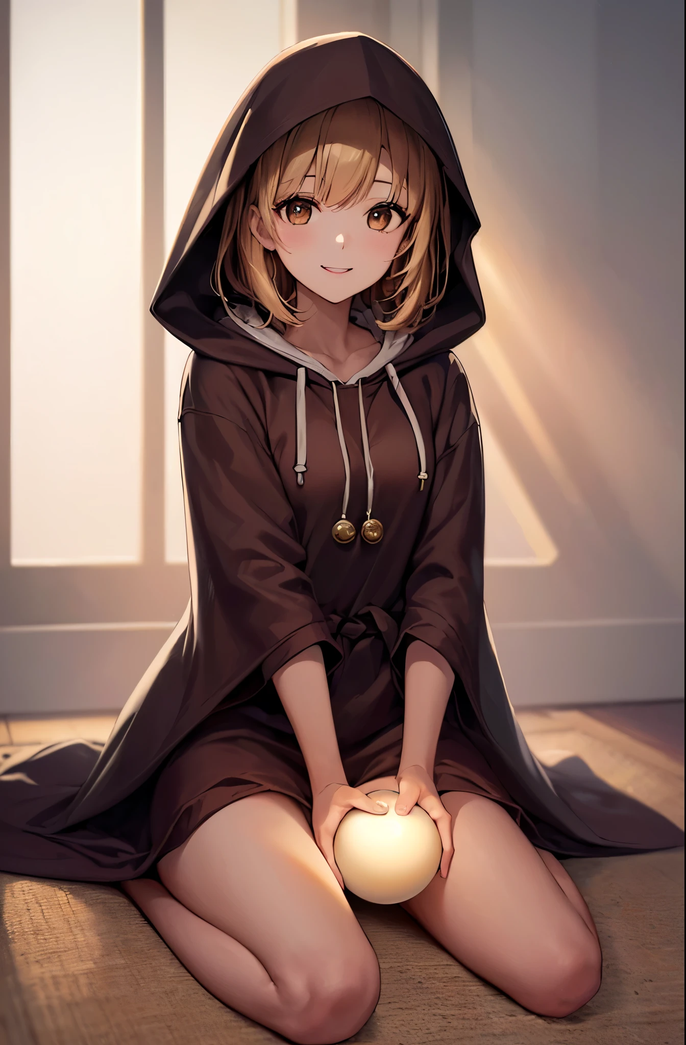 (Japanese style room、indoor、night)、(Super beautiful CG、high resolution)、(smile、medium breastasterpiece:1.8)、((super quality))、((Ultra-detail illustration))、((stunning CG))、20 year old female、cute woman、brown hair、brown eyes、kimono、(Brown hooded cloak:1.8、put on a hood:1.8)、barefoot、sit、(wariza:1.8)、((Hold a shining ball of warm light in your hand:1.8))、female focus、Composition up to the knees、(perfect five fingers、perfect limbs)、look at you