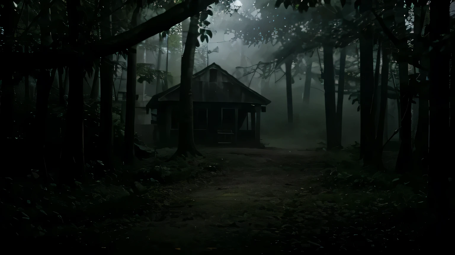 create image of scary , ghost , with bloody eye , in the jungle , dark night , realistic , horror , cinematic , ultra detailed , long tonge , and yellowish sharp teeth
