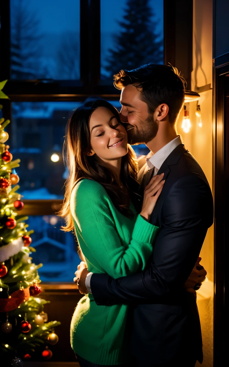 dark haired Swedish woman, pale skin, hugging a tall dark haired handsome man in front of a Christmas tree. indoors, night, warm lighting