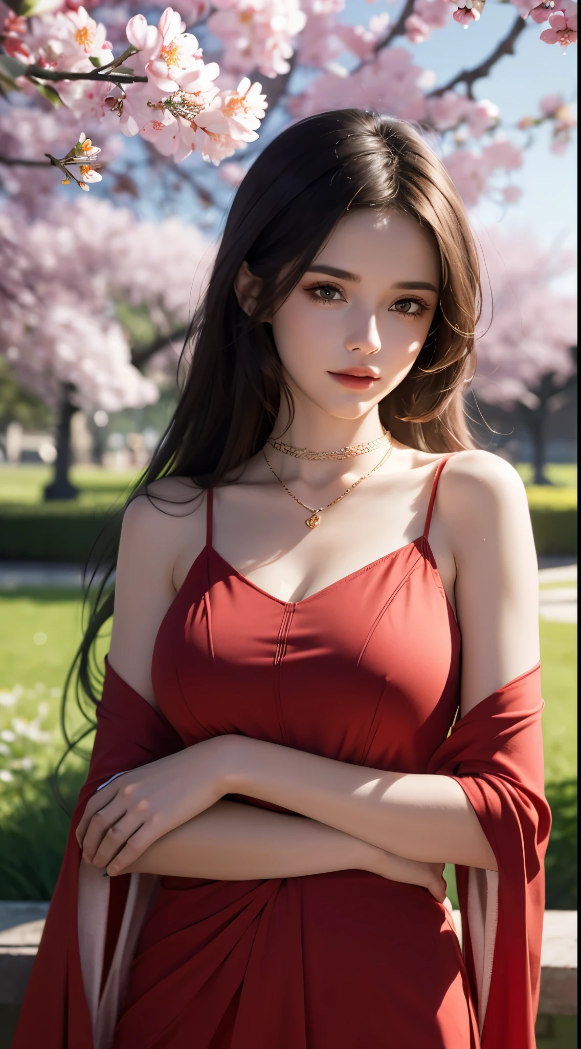 Beautiful  young girl looking at viewer wearing red top dress, in garden, realistic graphics, wearing a beautiful necklace, wavering at viewer, nice figure, beautiful organic photography  ,graphic focus on girl at the center of graphics photoshot ,red colors dress ,wavering at viewer, full-body photoshot rendering graphics,complete body collection, sakura blossoms, sitting under a tree ,beautiful legs and waist 