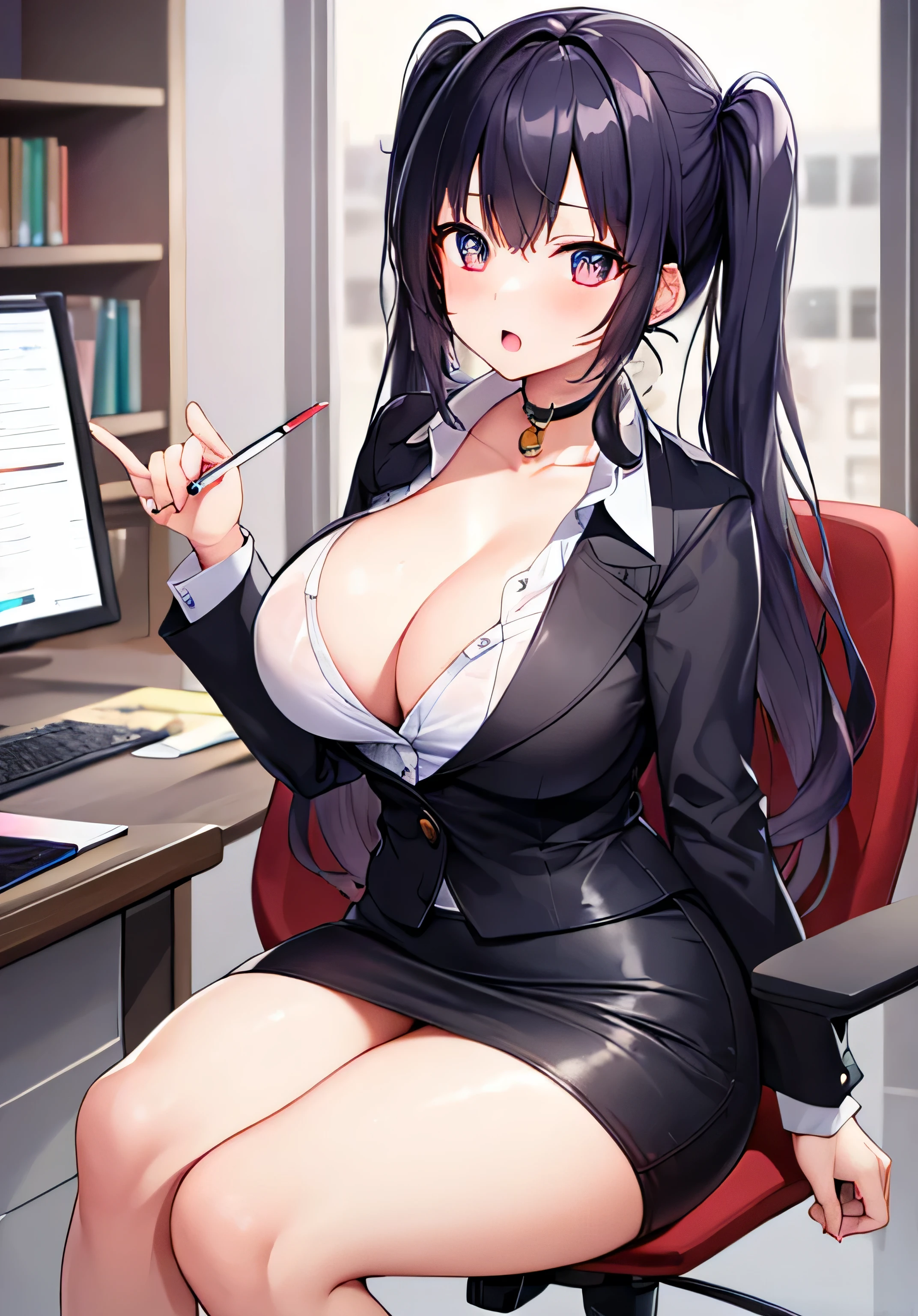 masterpiece、best image quality、ultra high resolution、NSFW、 girl with big breasts、twin tail hairstyle、black hair、red face、shyly、Open your mouth just a little、White dress shirt that shows cleavage、short pencil skirt、panties、sit on an office chair so your panties are visible、inside the office