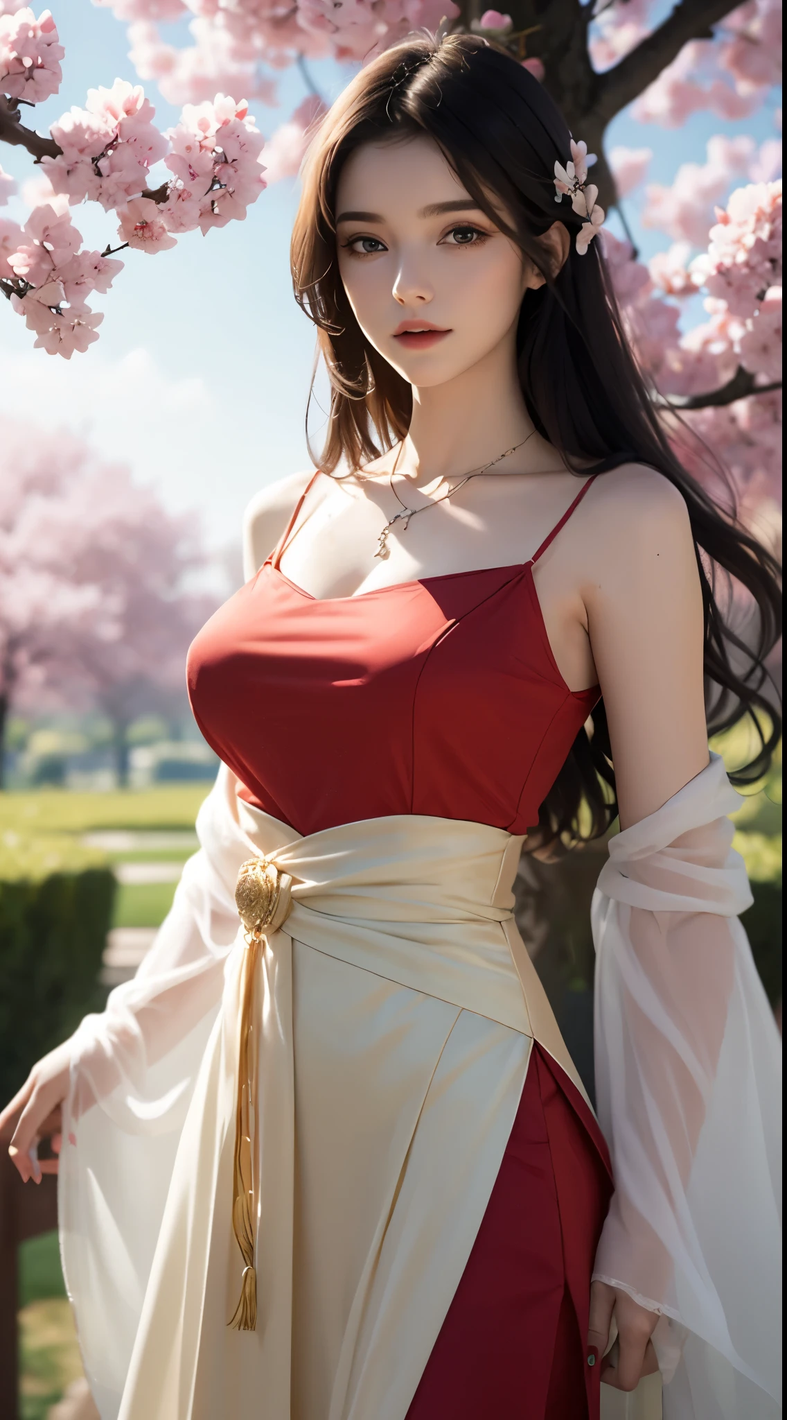 Beautiful  young girl looking at viewer wearing red top dress, in garden, realistic graphics, wearing a beautiful necklace, wavering at viewer, nice figure, beautiful organic photography  ,graphic focus on girl at the center of graphics photoshot ,red colors dress ,wavering at viewer, full-body photoshot rendering graphics,complete body collection, sakura blossoms, sitting under a tree ,beautiful legs and waist 