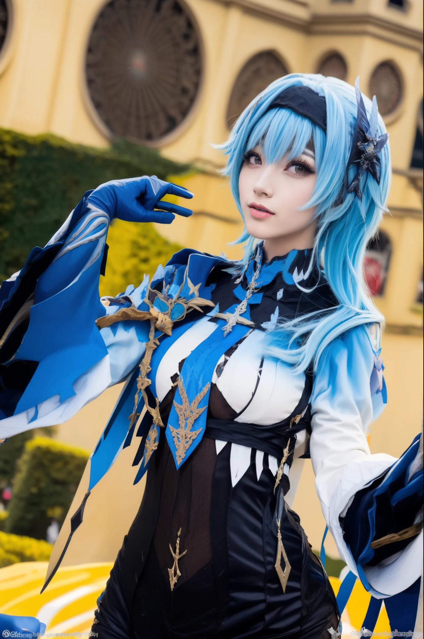 araffe dressed in a blue wig and black dress holding a bird, ornate cosplay, anime cosplay, anime girl cosplay, inspired by Leng Mei, hatsune miku cosplay, cosplay, glamourous cosplay, rimuru tempest, rococo cyberpunk, vocaloid, professional cosplay, cosplay photo, profile shot of rimupru tempest, costume with blue accents