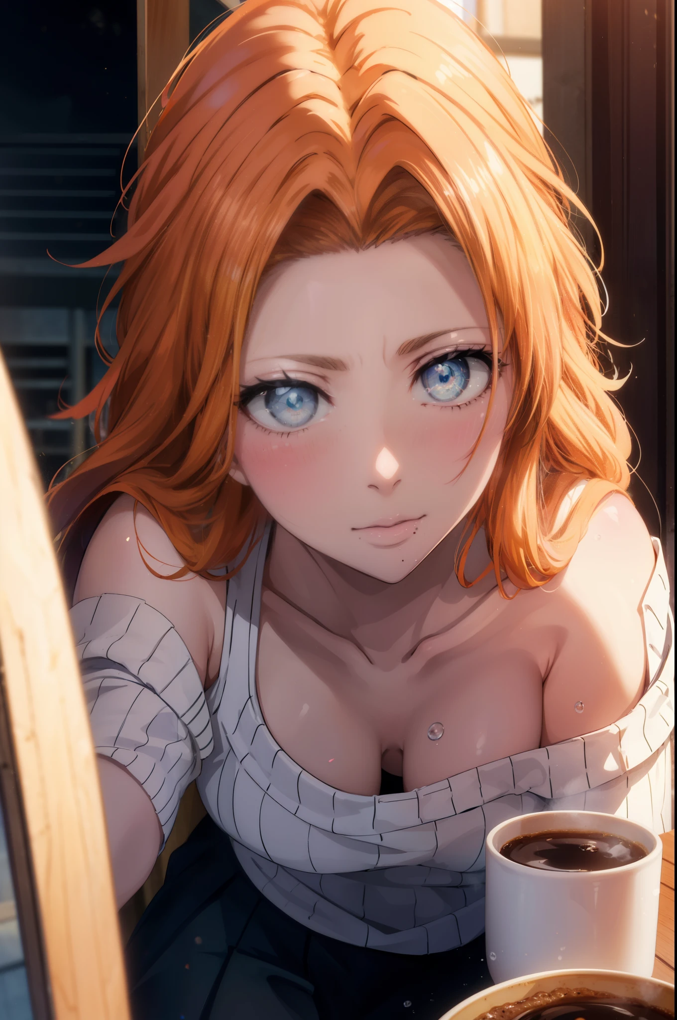 rangikumatsumoto, rangiku matsumoto, long hair, Red-orange hair, mole, mole under mouth, gray eyes,smile,happy atmosphere,mouth open,parted bangs, smile,white off shoulder sweater bare neck,bare clavicle,bare shoulders,black long skirt,There are beer mugs and food on the table.,drinking party,I'm drunk,
break indoors, Izakaya,
break looking at viewer, (cowboy shot:1.5),
break (masterpiece:1.2), highest quality, High resolution, unity 8k wallpaper, (figure:0.8), (detailed and beautiful eyes:1.6), highly detailed face, perfect lighting, Very detailed CG, (perfect hands, perfect anatomy),